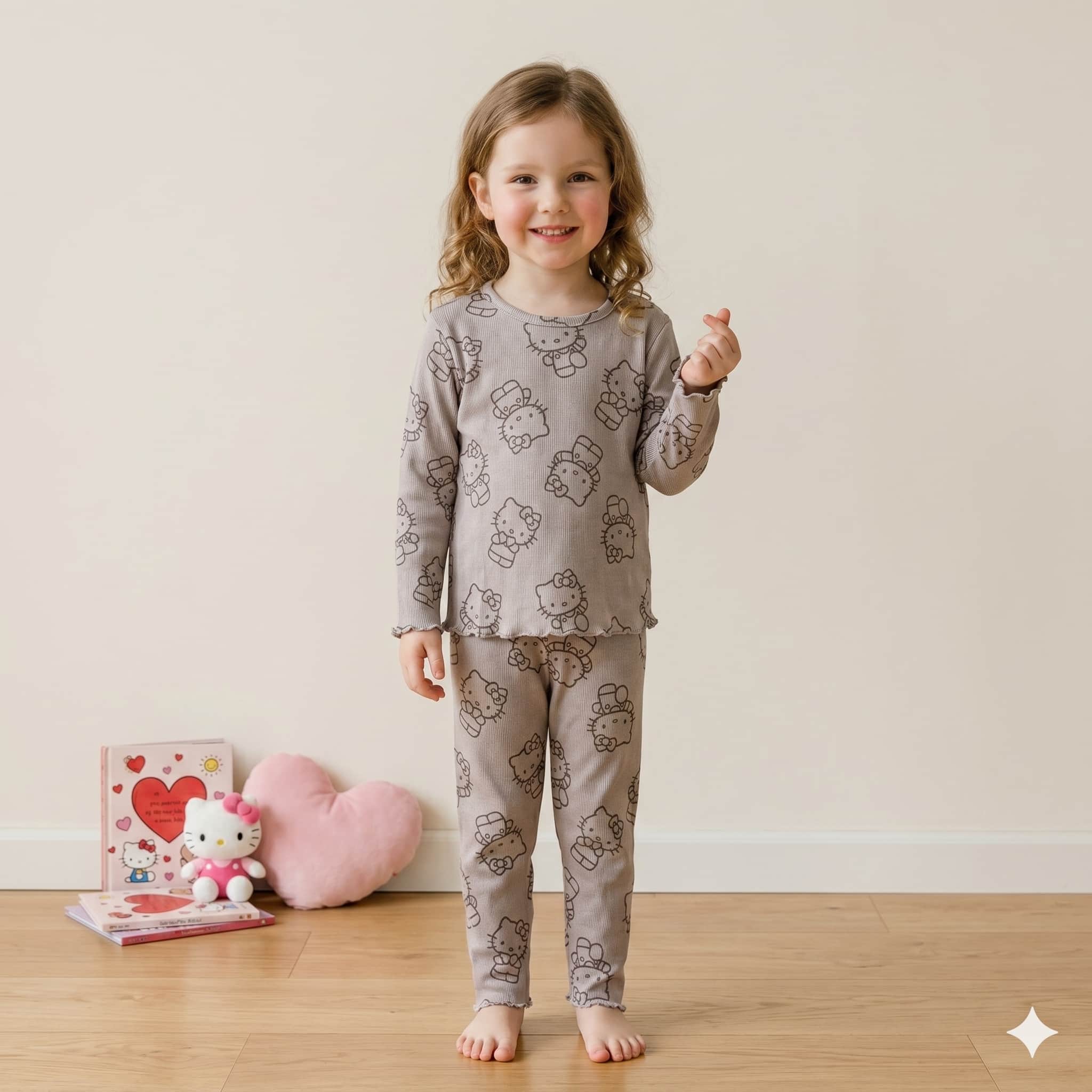 Classic Kitty Girls Full Sleeves Pajama Set - Grey