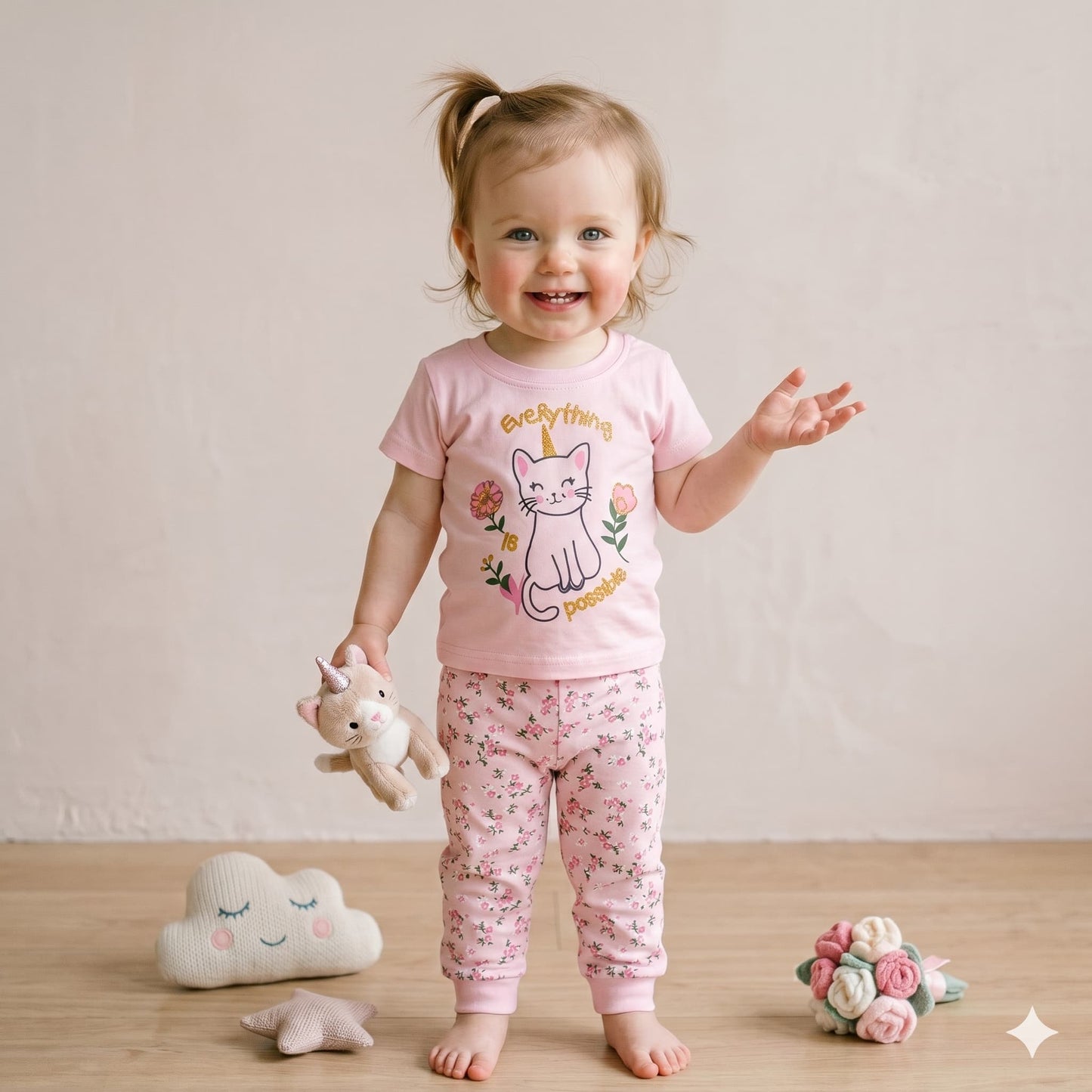 Sparkle Kitty Half Sleeves Baby Girl Pajama set - Pink