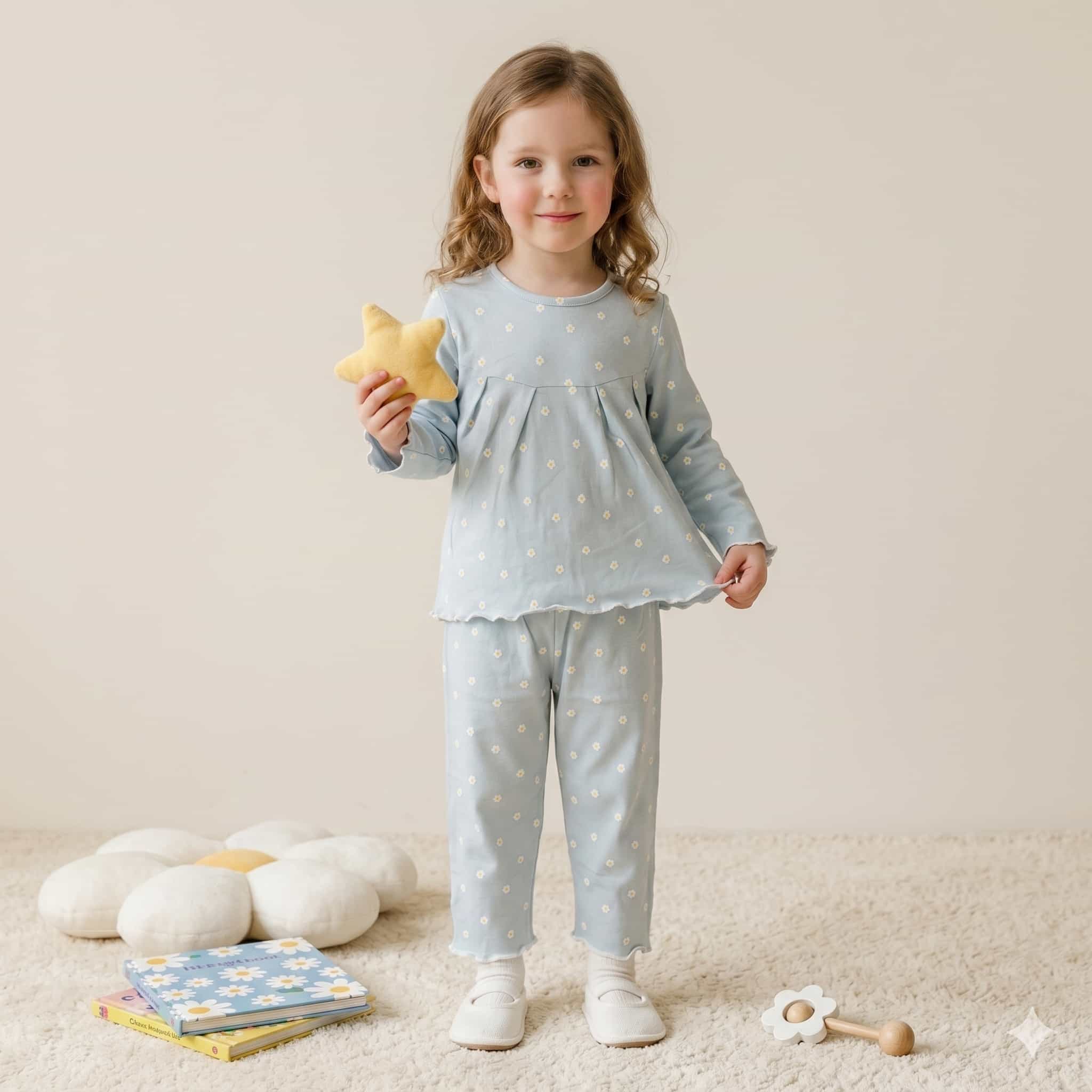 Daisy Delights Girls Full Sleeves Pajama Set - Light Blue