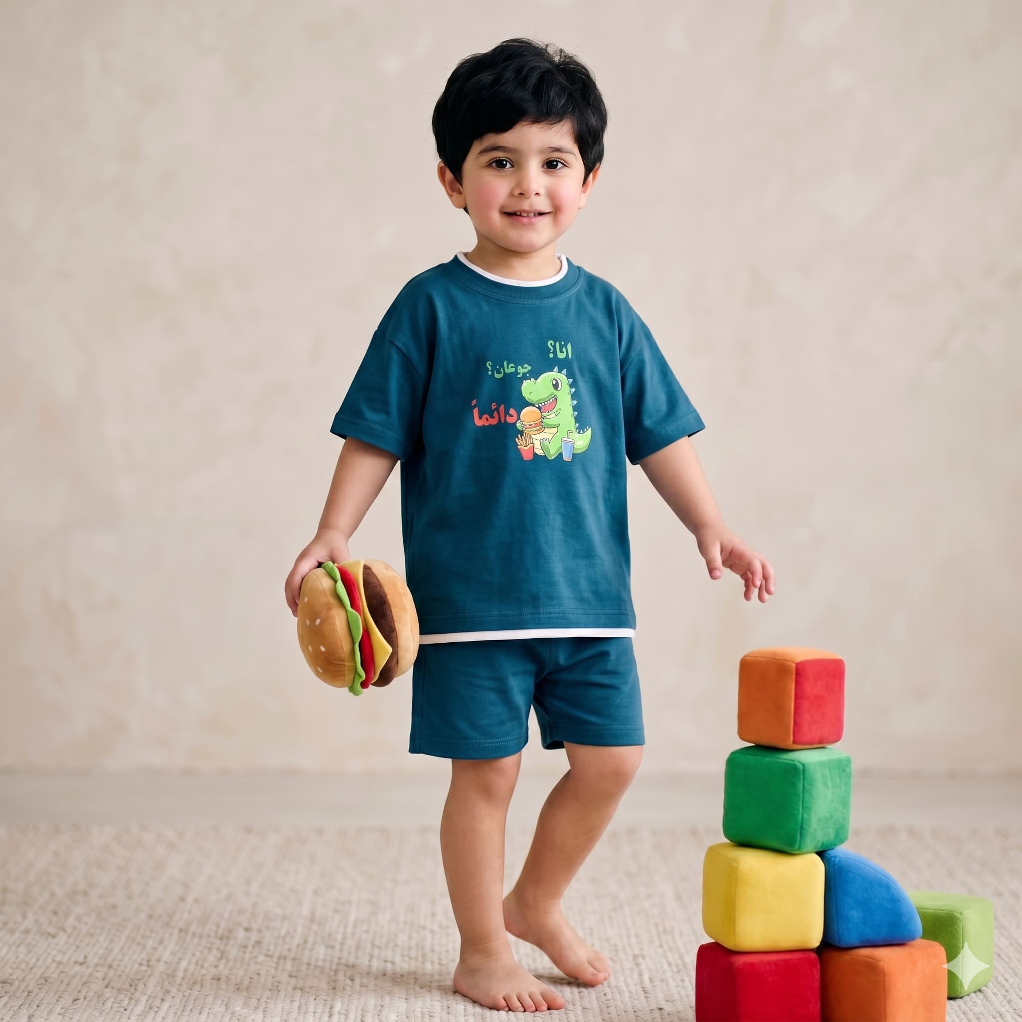 Hungry Dino Boys Short Set - Teal Blue