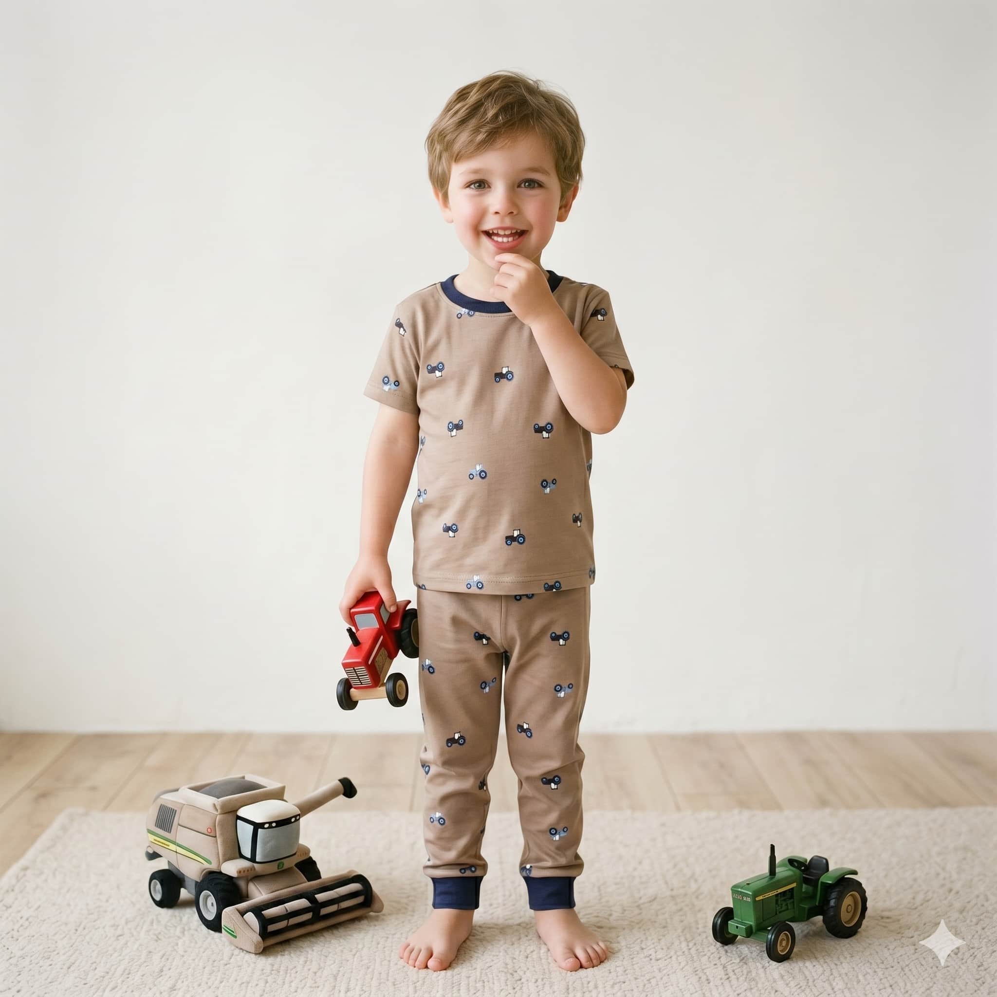 Tractor Trail Boys Half Sleeves Pajama Set - Brown