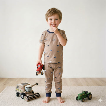 Tractor Trail Boys Half Sleeves Pajama Set - Brown