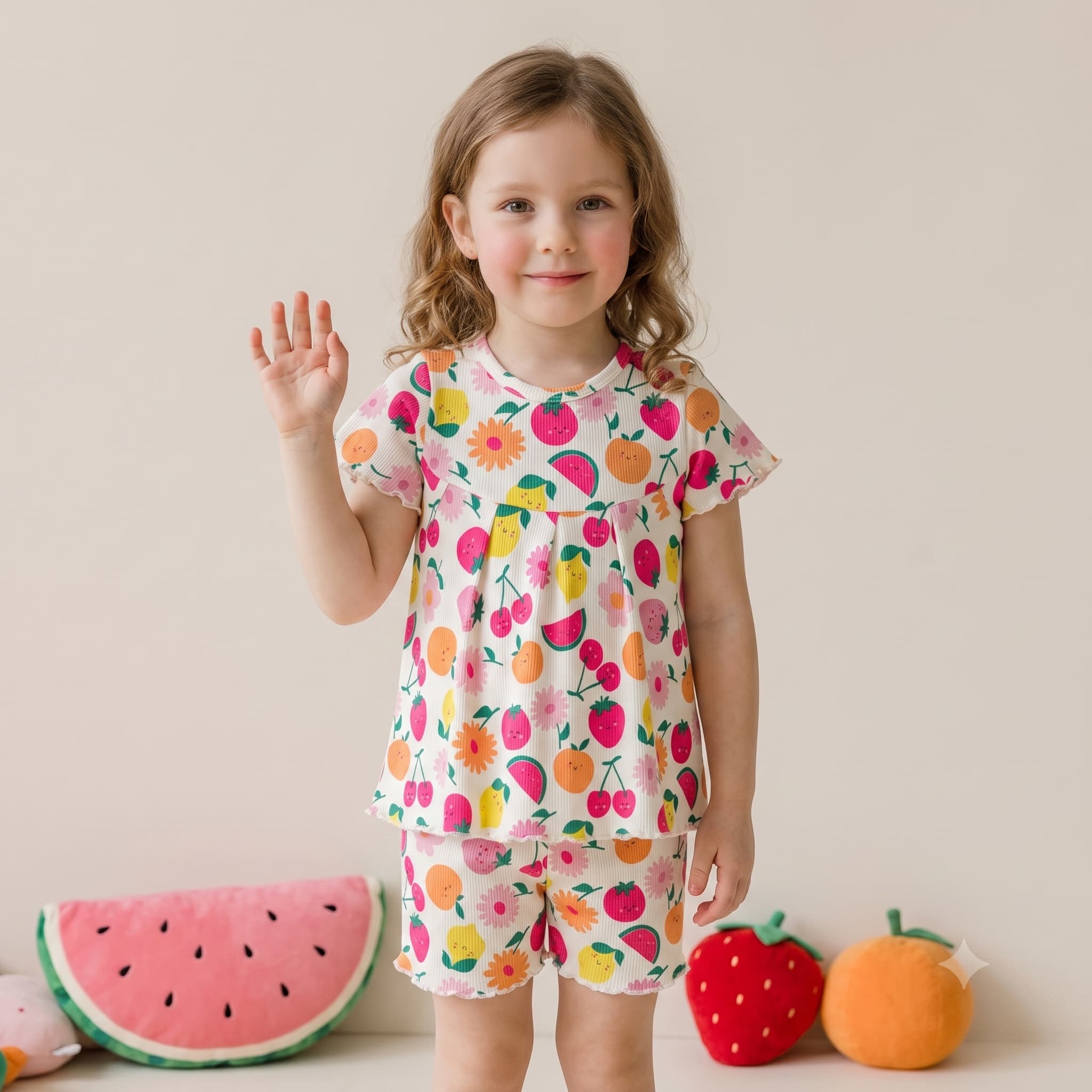 Fruity Smiles Girls Short Set - Cream