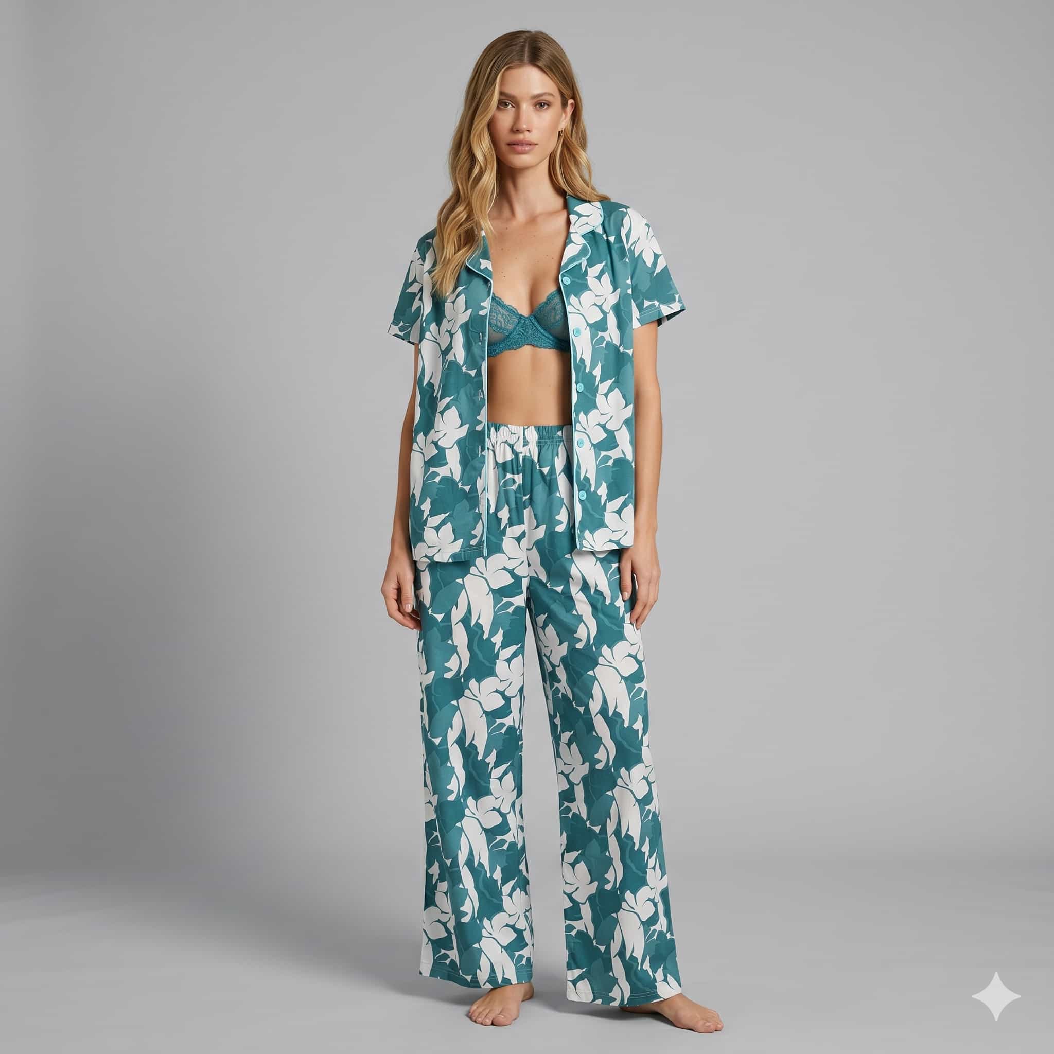 Ocean Bloom Women Half Sleeves Pajama Set - Teal