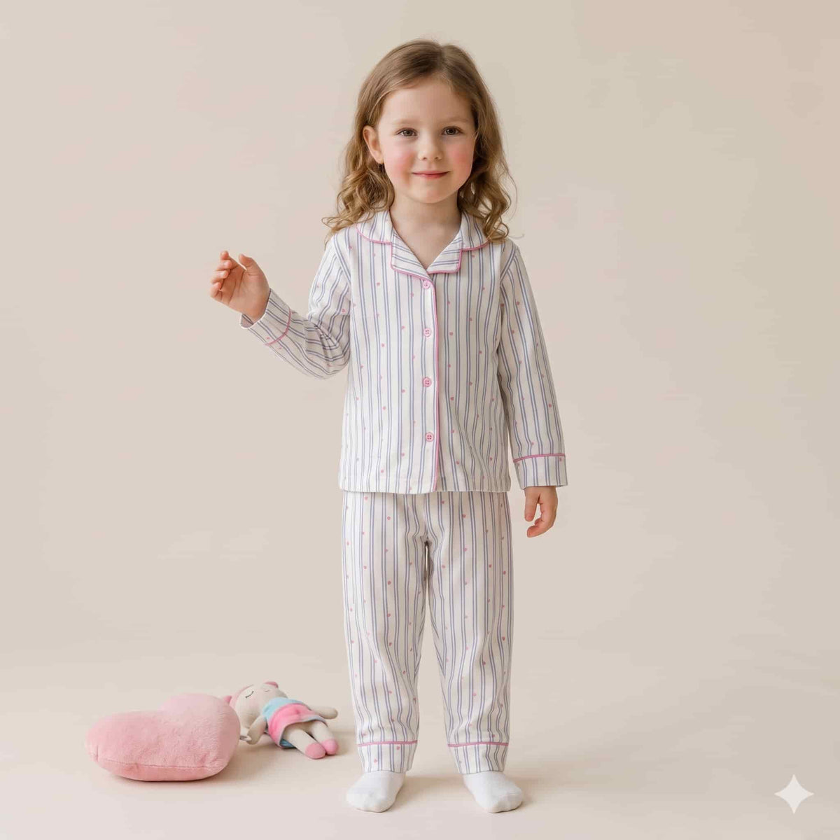 Dreamy Hearts Girls Full Sleeves Pajama Set - White & Pink