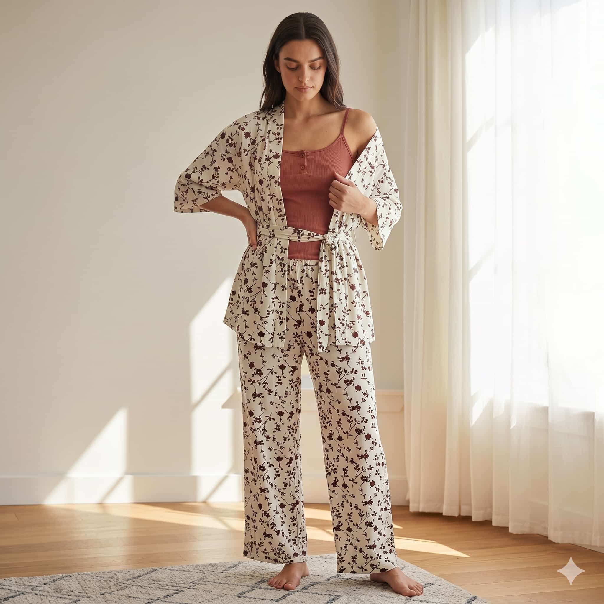 Crimson Bloom Women 3 Pcs Pajama Set - Maroon