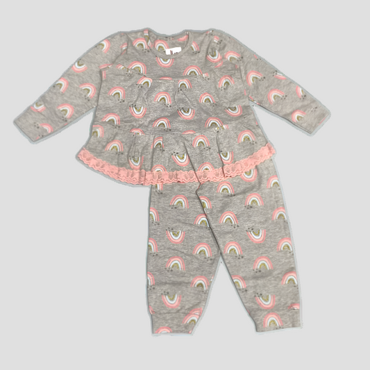 Rainbow Girls Full Sleeves Laced Pajama Set - Grey