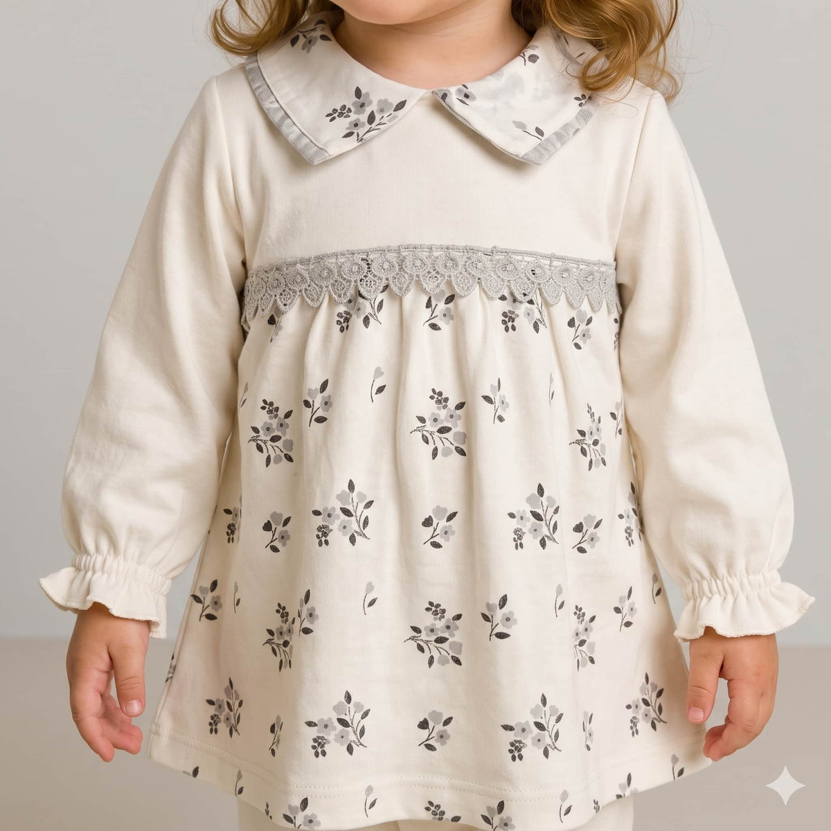 Floral Whisper Baby Girls Winter Full Sleeves Pajama Set – Cream & Grey