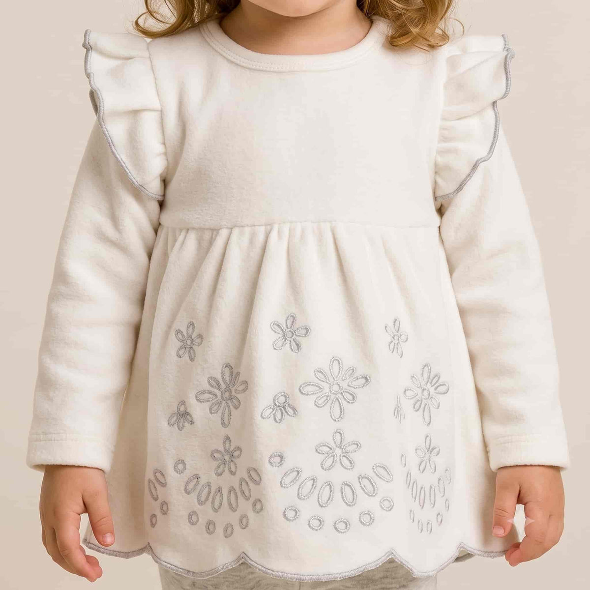 Floral Charm Baby Girls Winter Full Sleeves Pajama Set – Ivory White