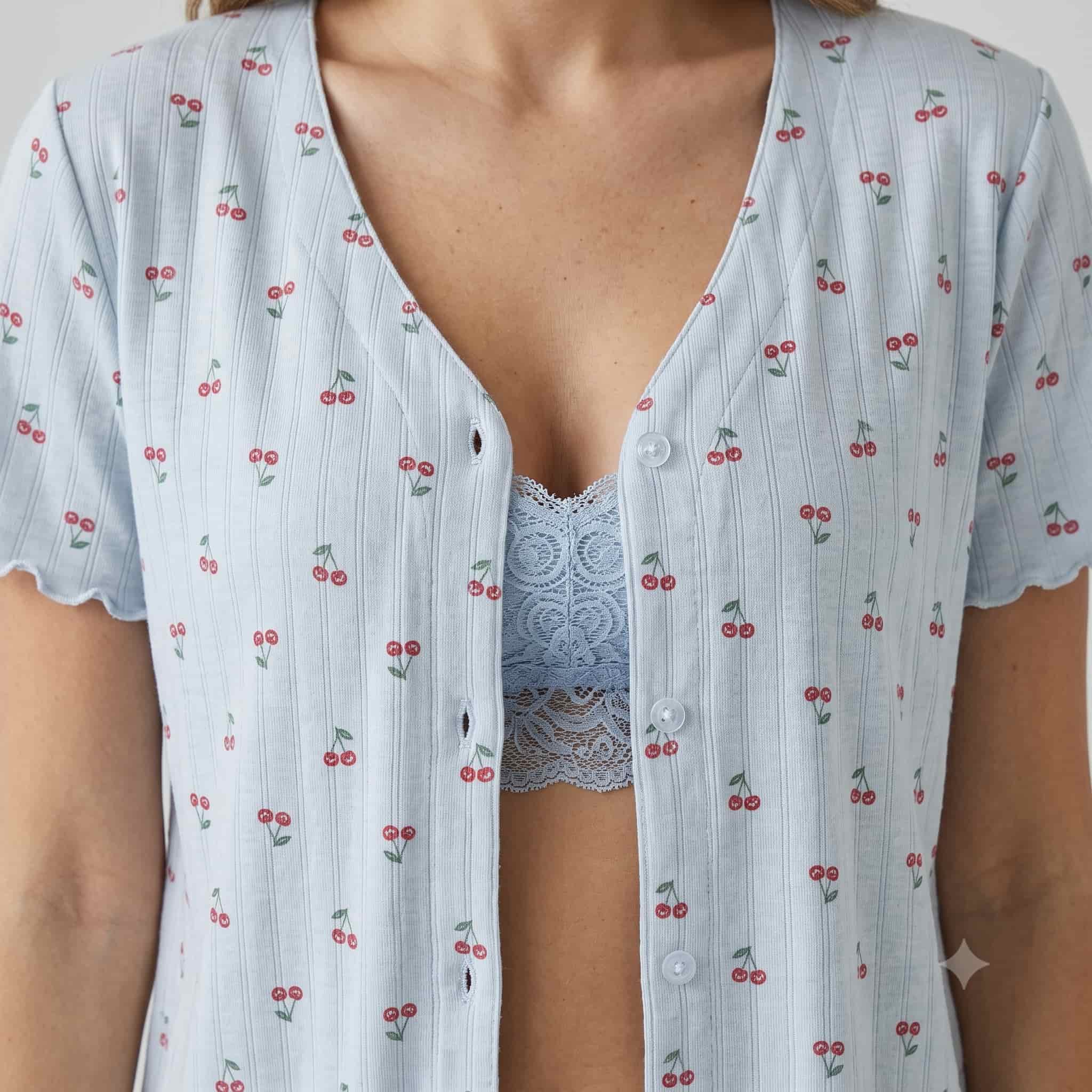 Cherry Charm Women Half Sleeves Pajama Set – Sky Blue