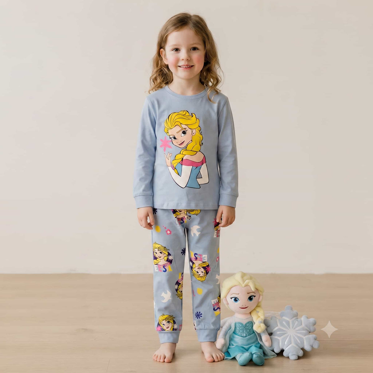 Disney Elsa Girls Full Sleeves Pajama Set – Light Blue