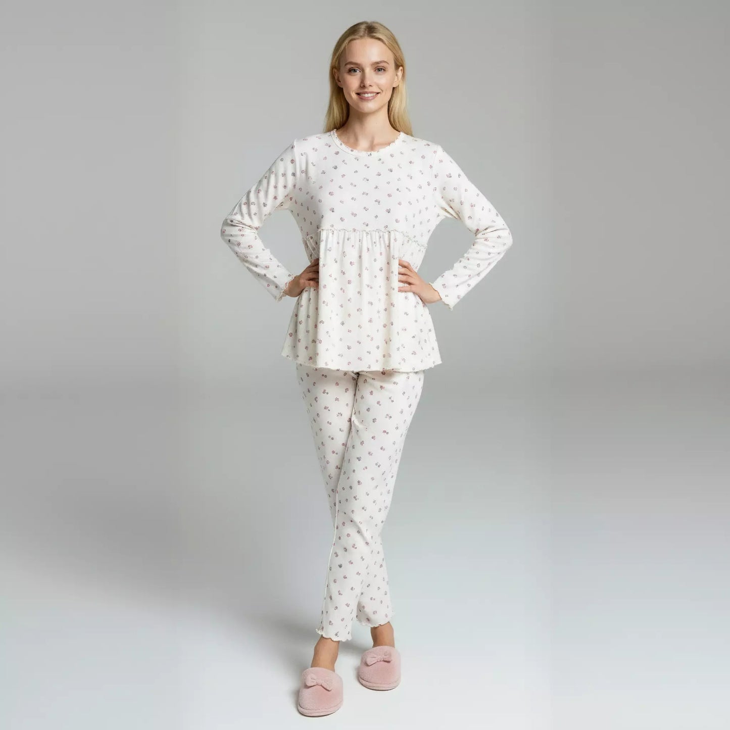 Blossom Flower Women Pajama Set- Beige