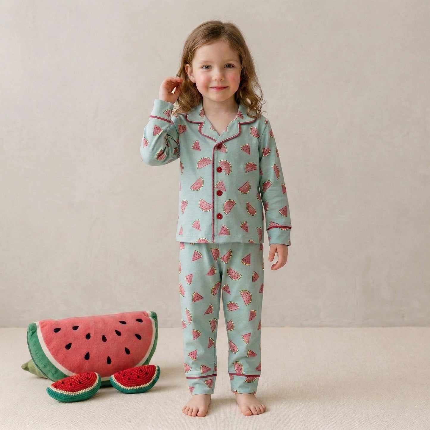 Watermelon Girl Button Pajama Set - Blue
