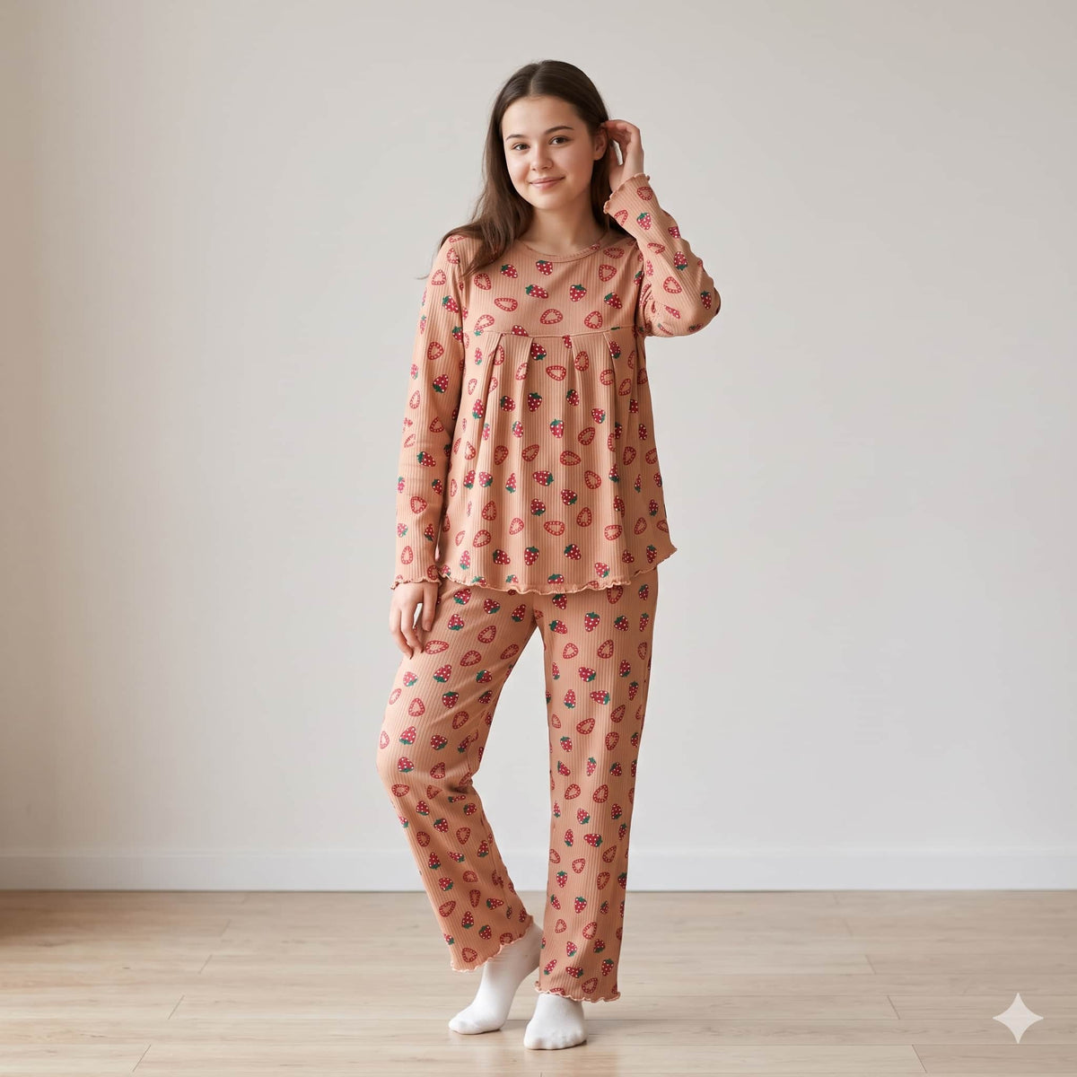 Berry Bloom Girls Full Sleeves Pajama Set - Peach