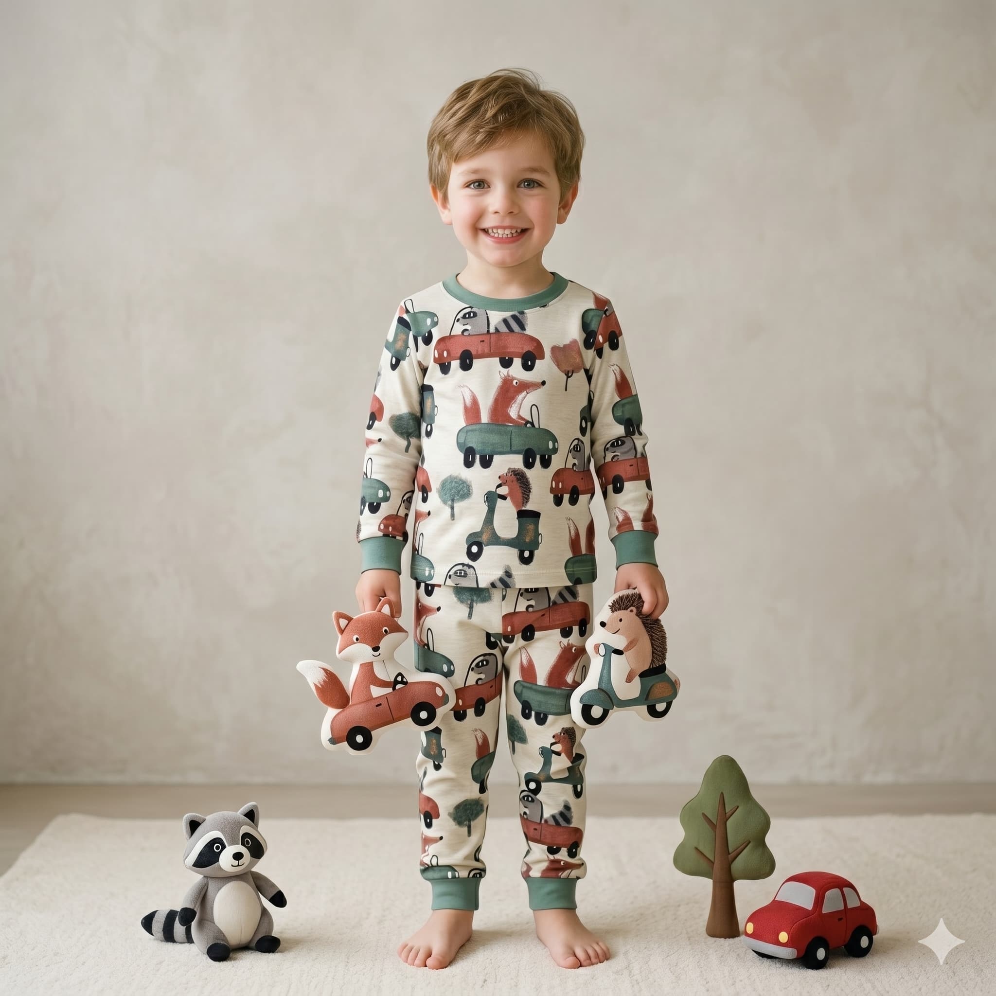 Woodland Commute Boys Full Sleeves Pajama Set - Cream