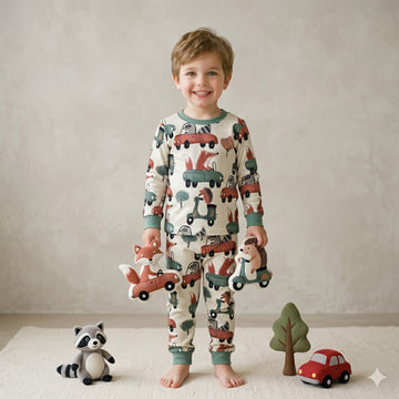 Woodland Commute Boys Full Sleeves Pajama Set - Cream
