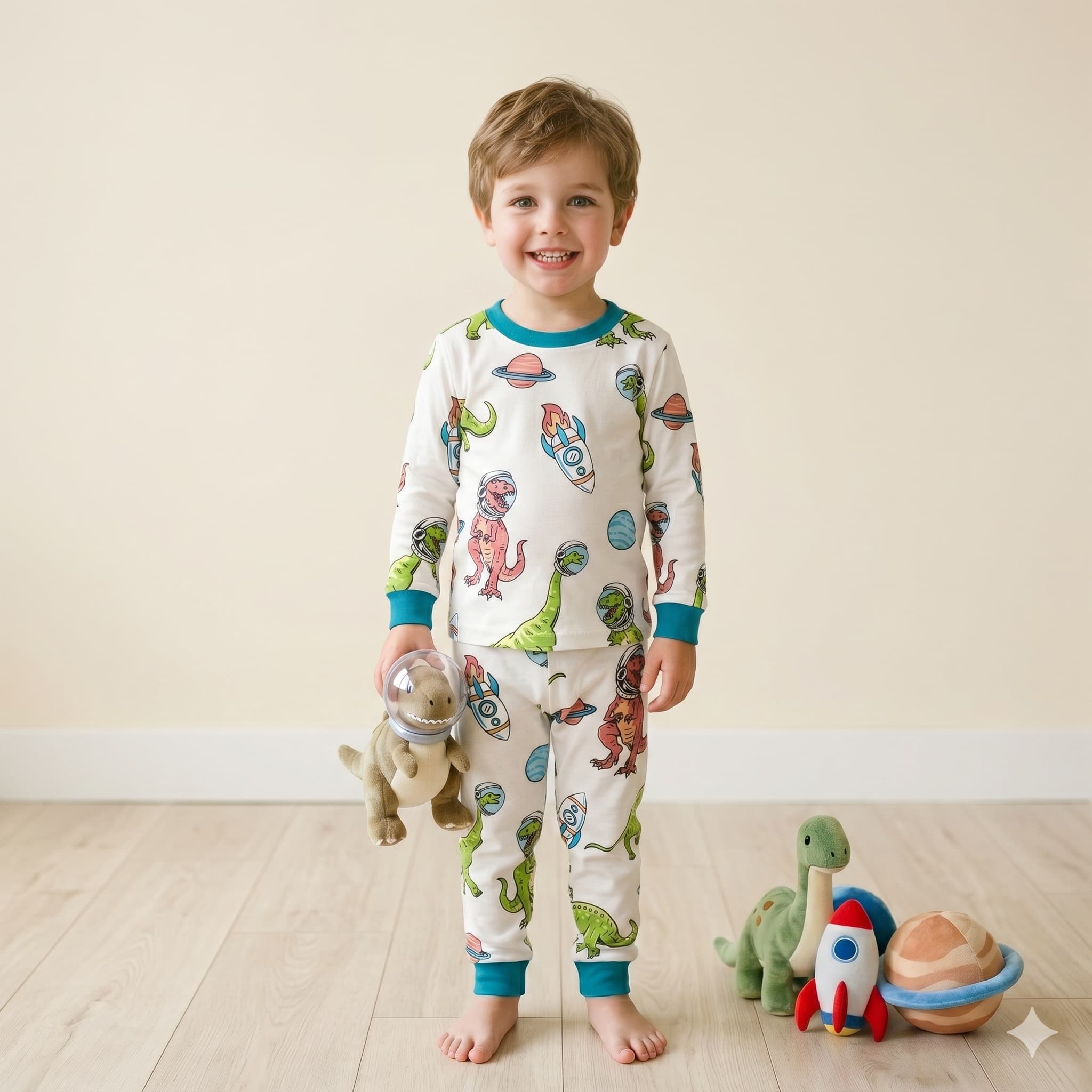 Cosmic Roar Boys Full Sleeves Pajama Set – White