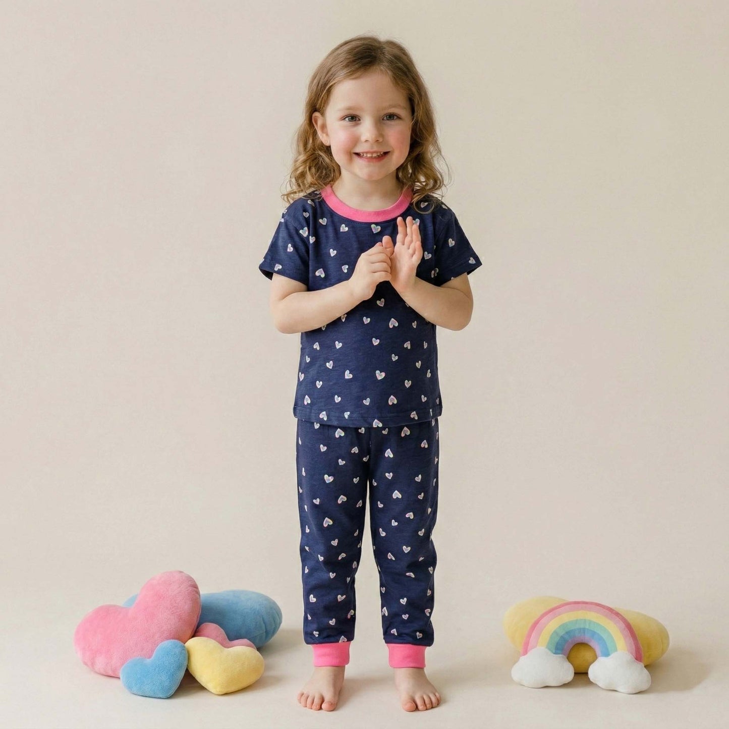 Colorful Hearts Girls Pajama Set - Navy Blue