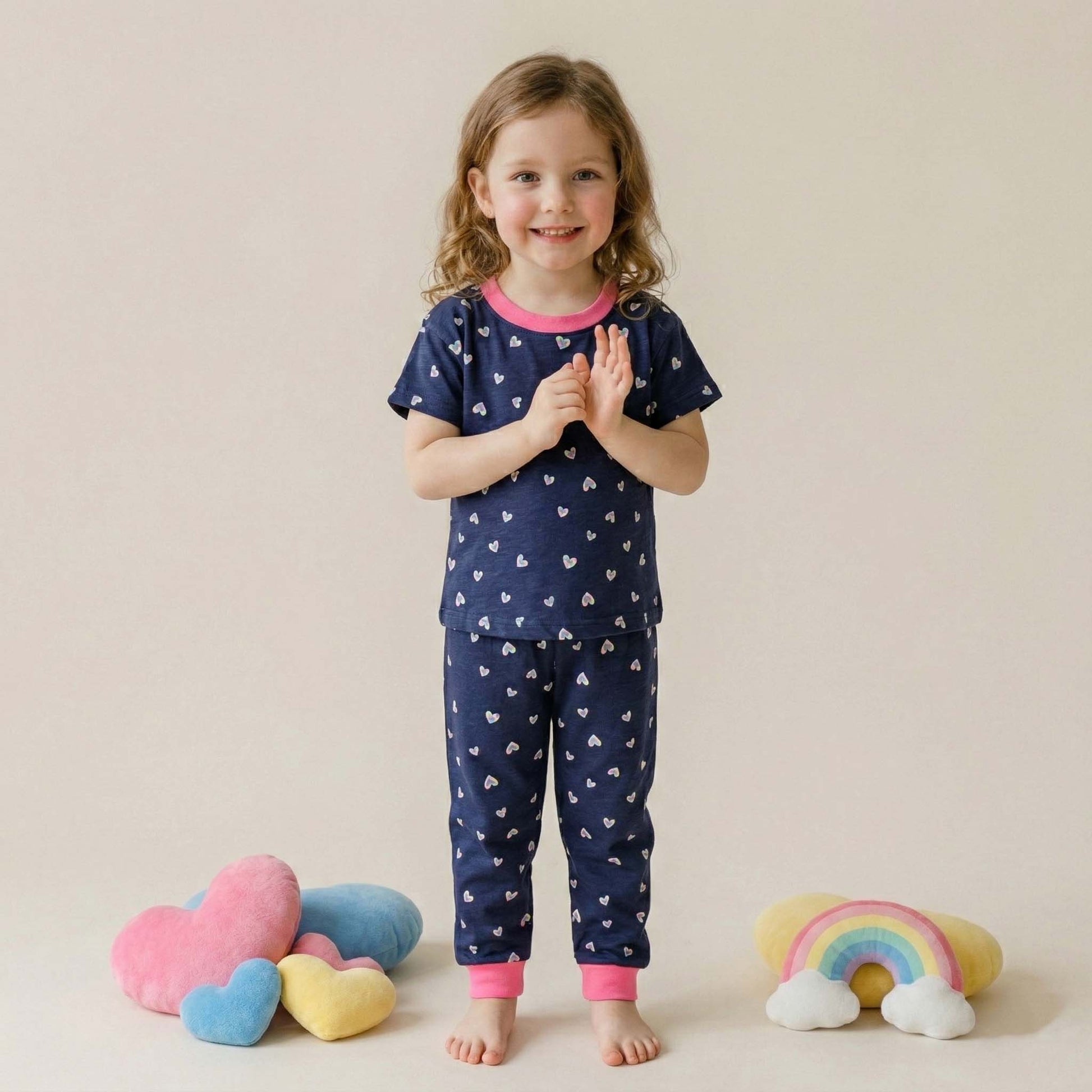 Colorful Hearts Girls Pajama Set - Navy Blue