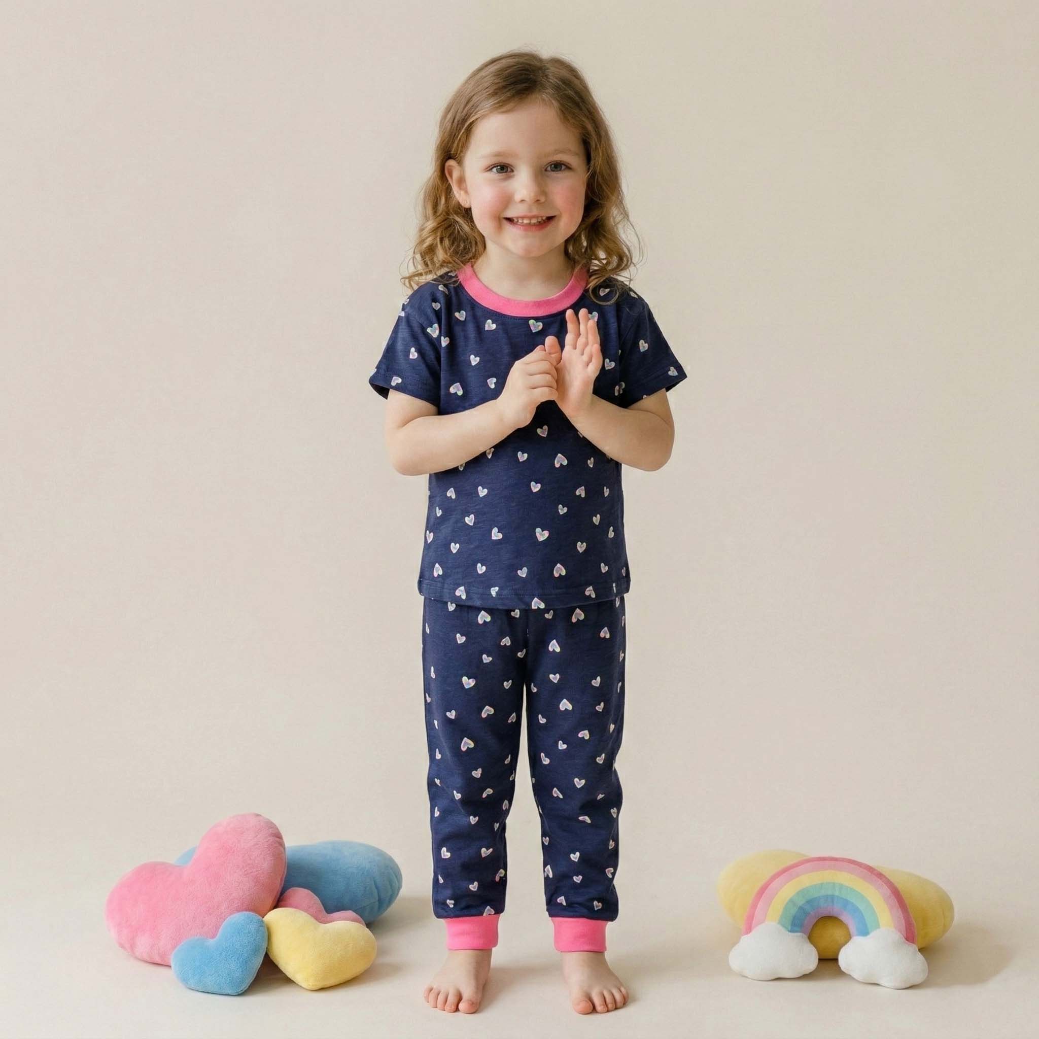Colorful Hearts Girls Pajama Set - Navy Blue