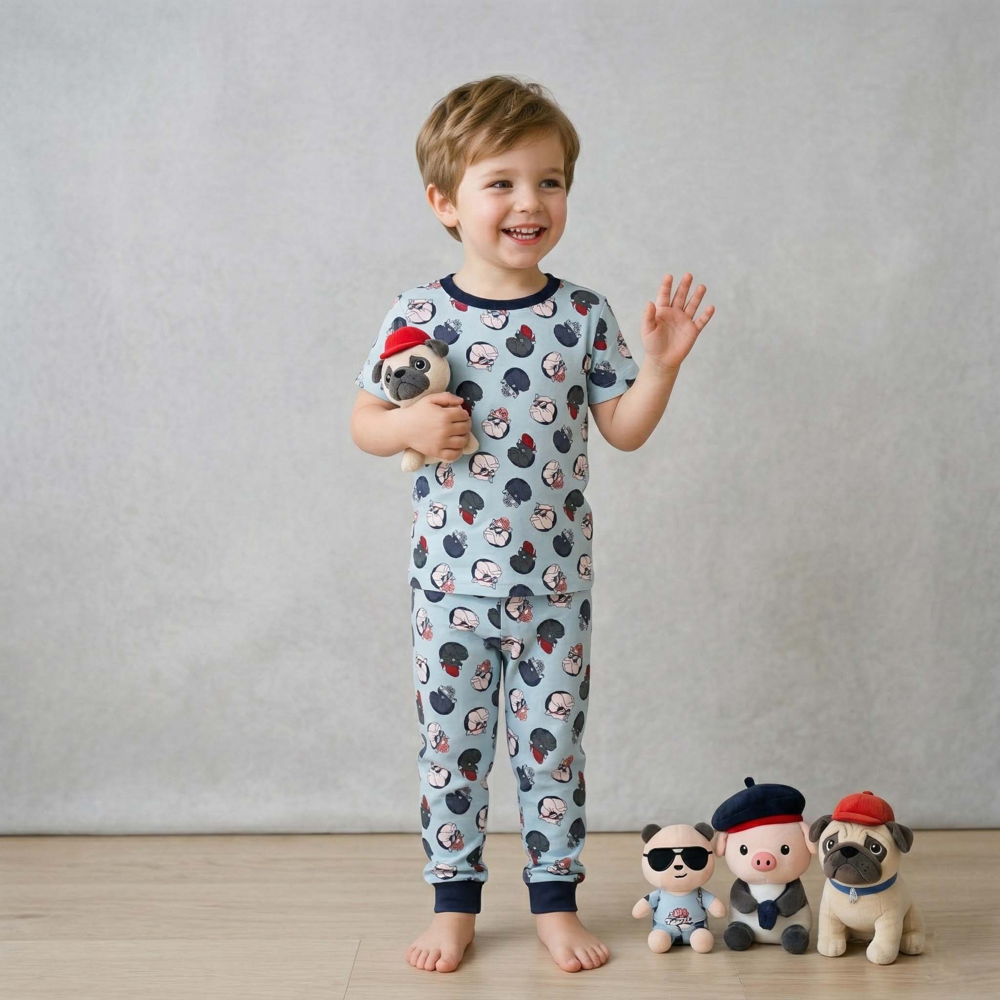All-Over Bulldog Boys Full Sleeves Pajama Set - Blue