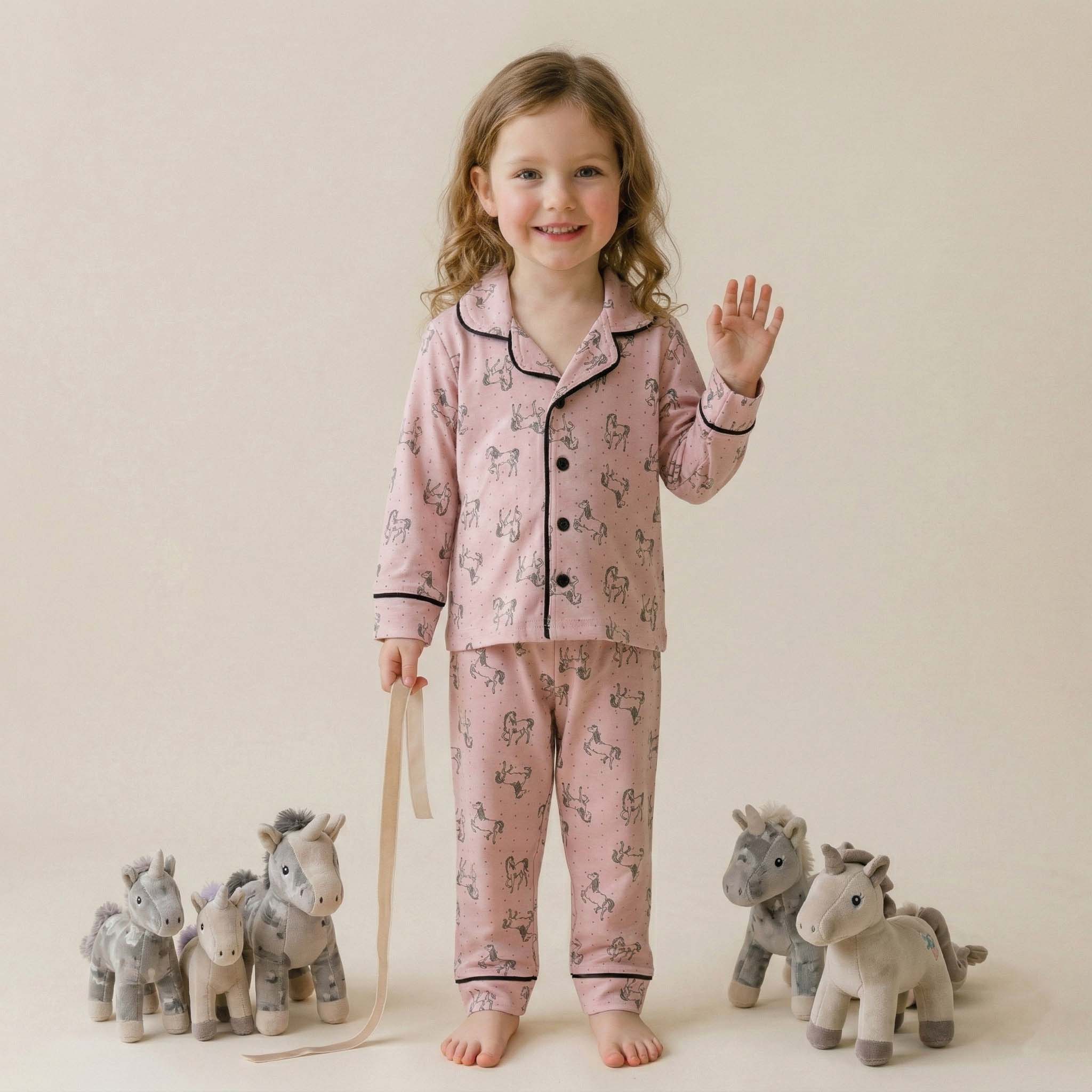All-over horse print Girls Full Sleeves Button Pajama Set - Pink