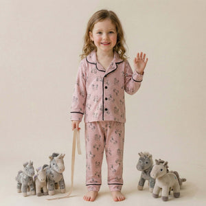 All-over horse print Girls Full Sleeves Button Pajama Set - Pink