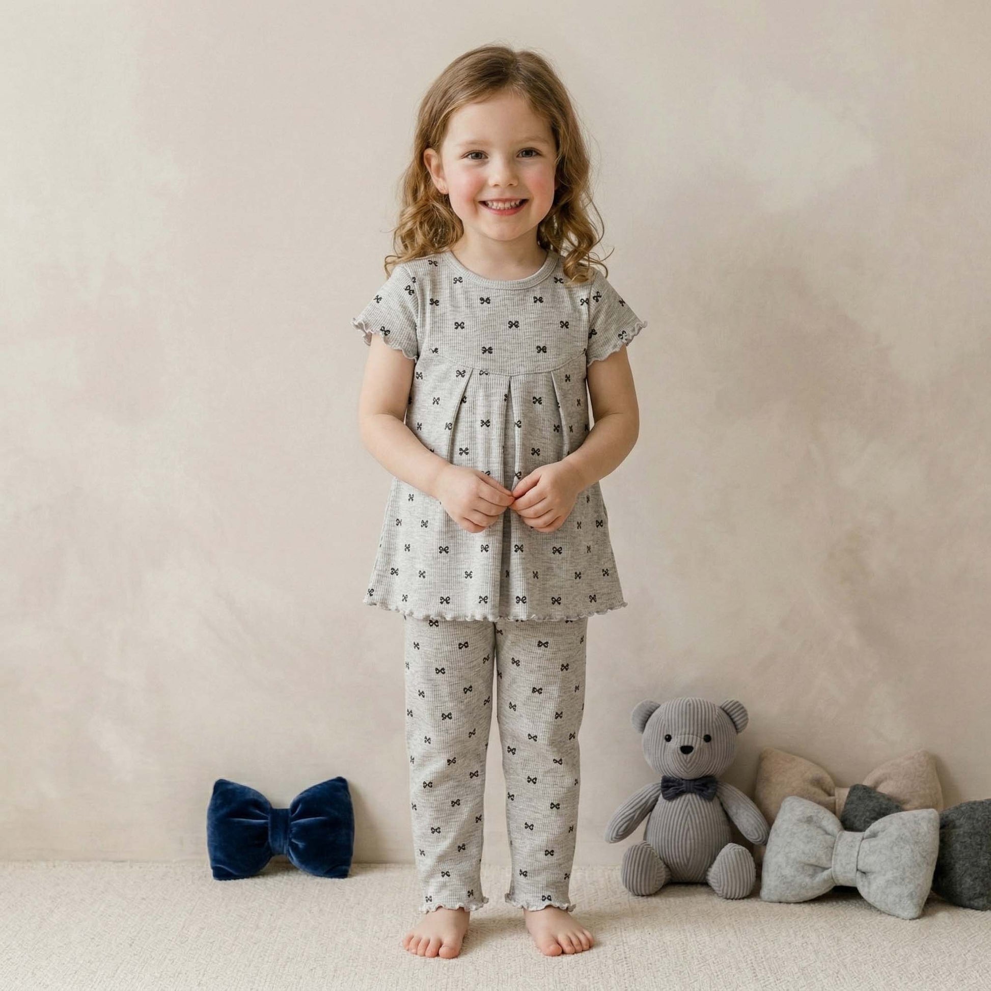 Cute Bows Girls Short Sleeves Pajama Set - Grey