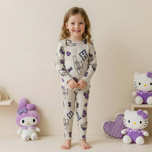 Cute Doodle Dreams Girls Full Sleeves Pajama Set - Grey & Purple