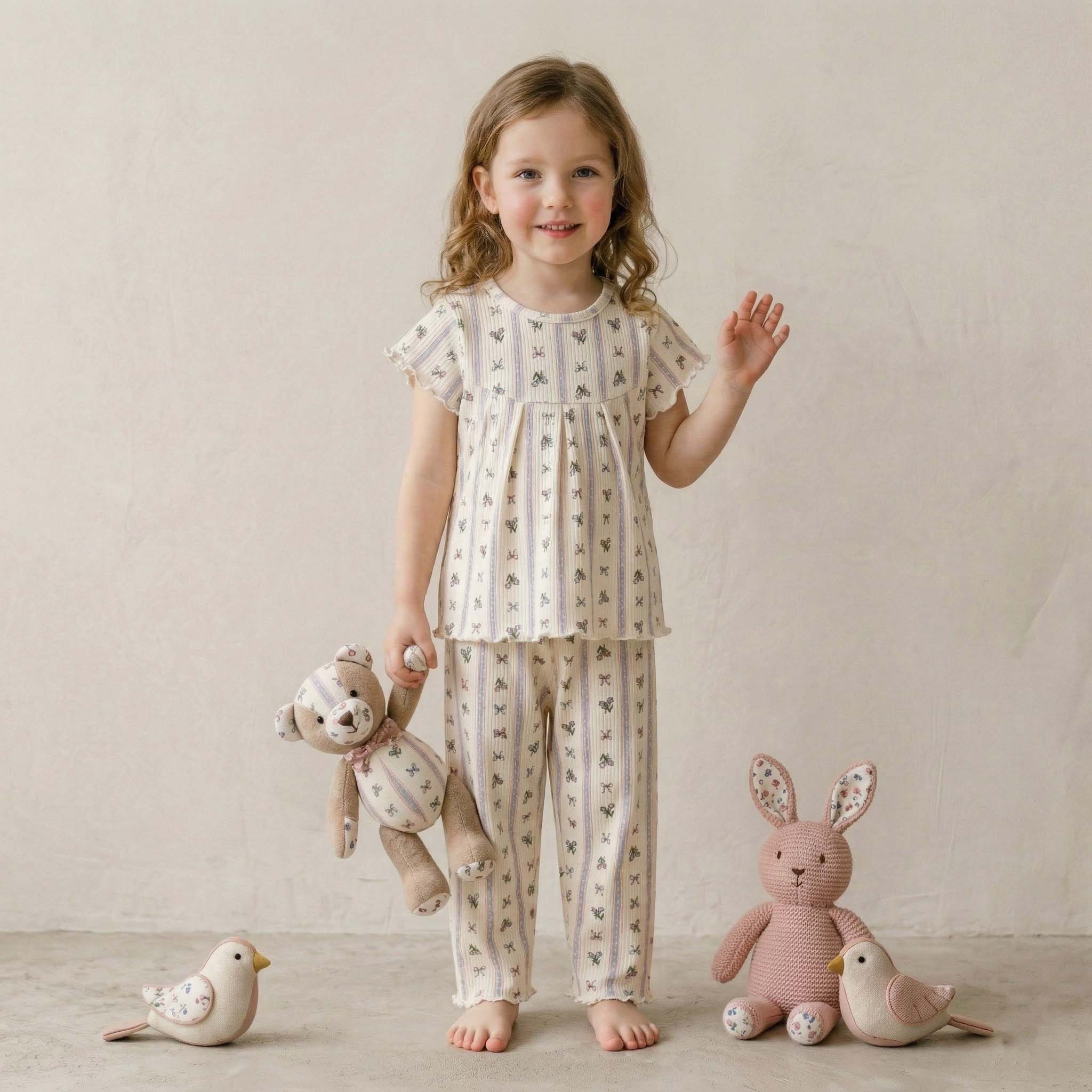 Bows & floral Bouquet Girls Pajama Set - Cream