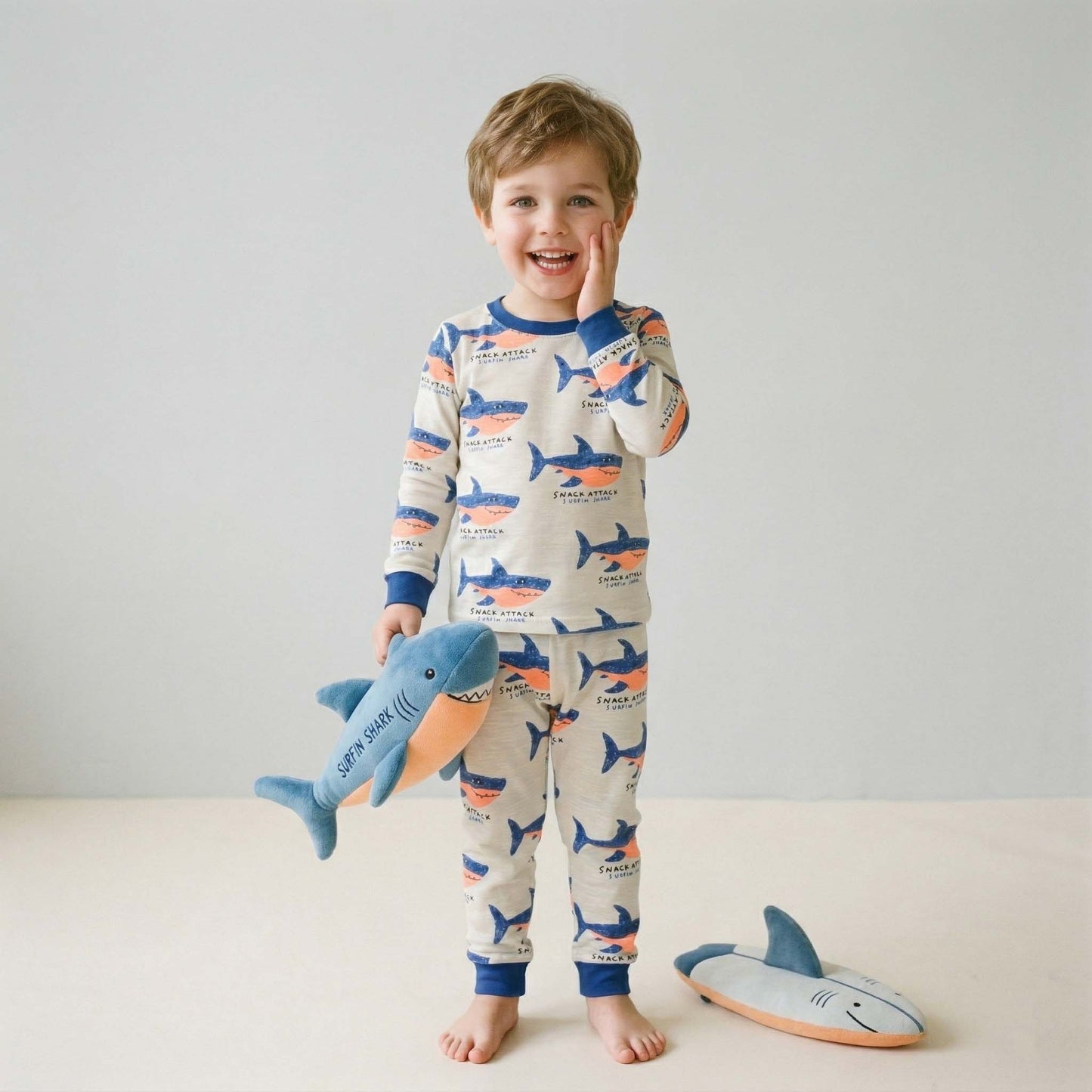 Surfing Shark Boys Full Sleeves Pajama Set - Cream