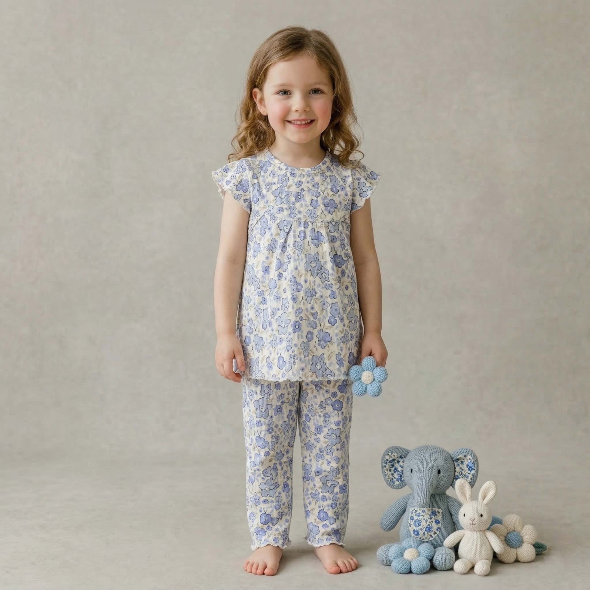 Periwinkle Bloom Girls Short Sleeves Pajama Set - White & Blue