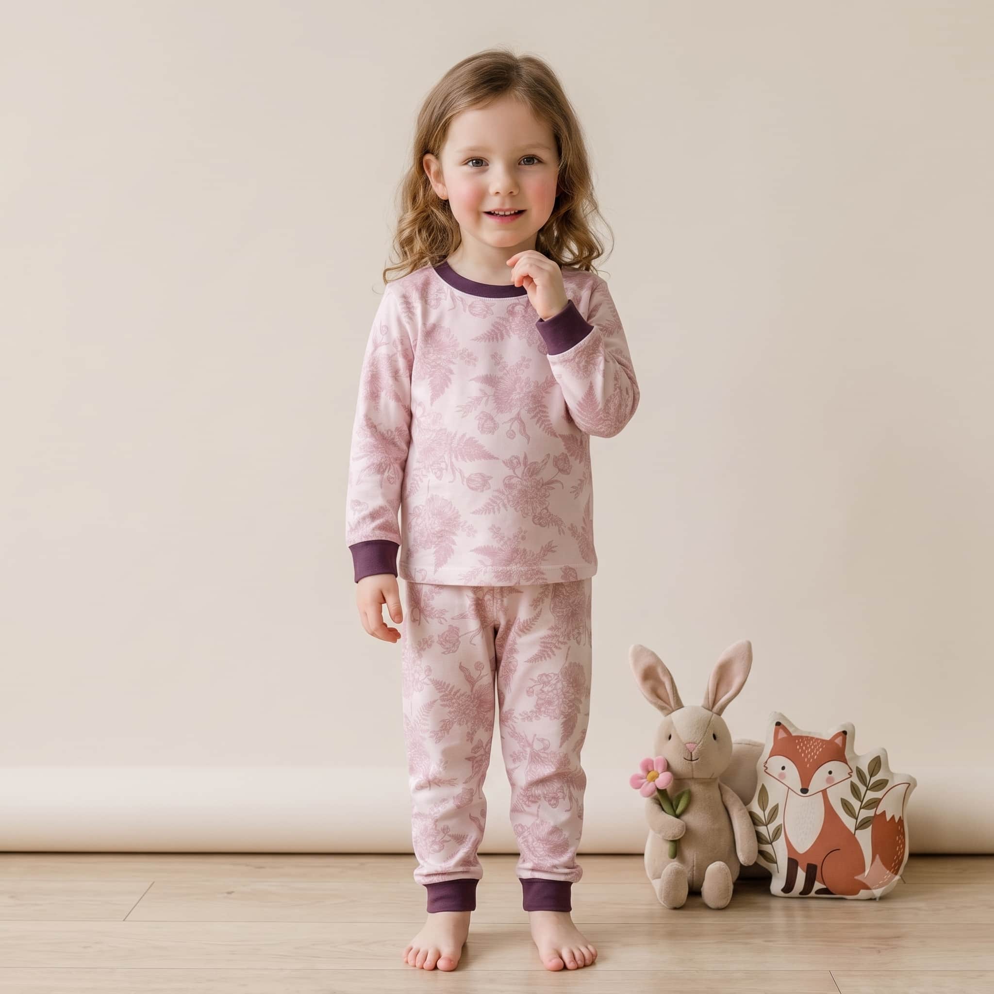 Vintage Bloom Girls Full Sleeves Pajama Set - Mauve-Pink