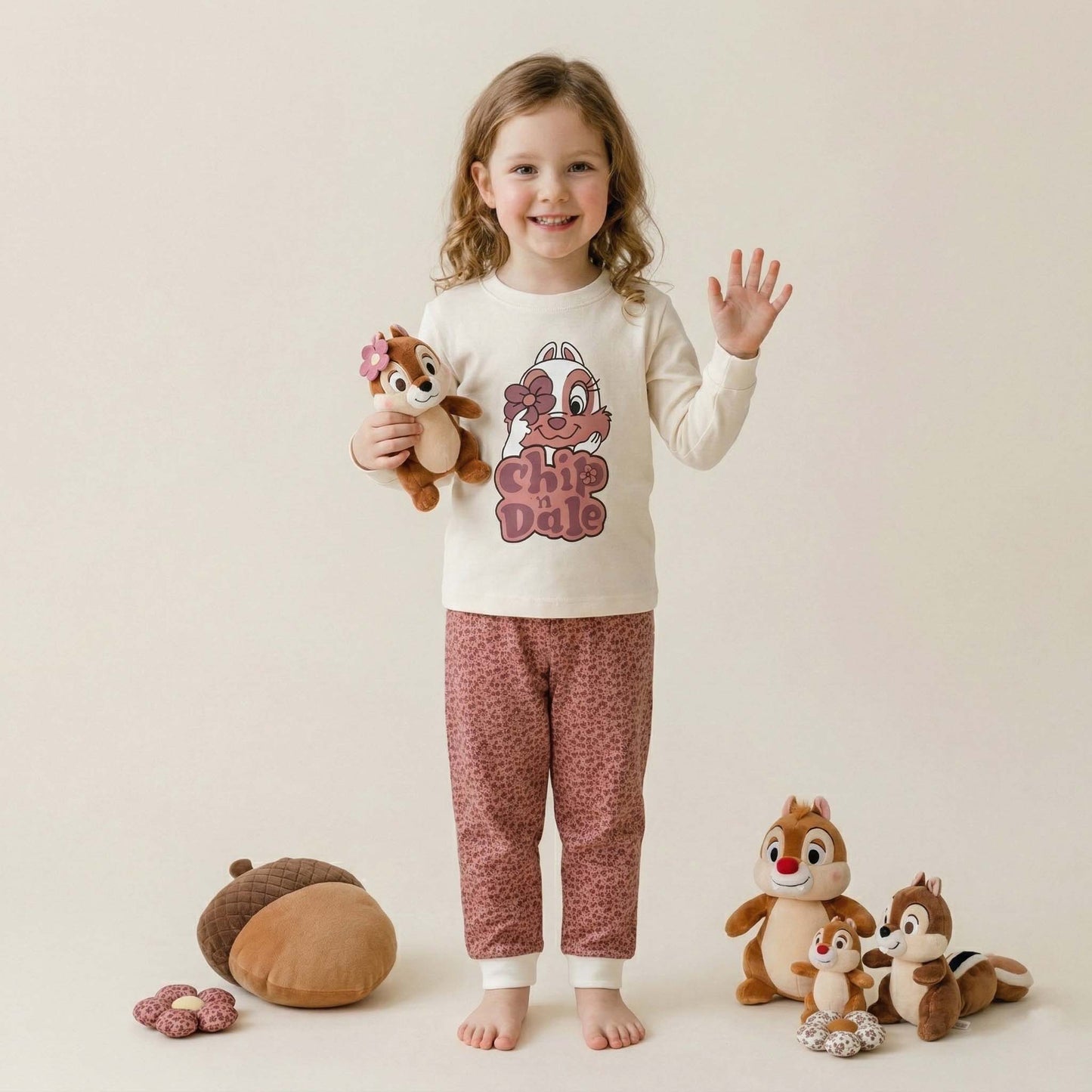 Chip n Dale Girls Half Sleeves Pajama Set -  Cream & Brown