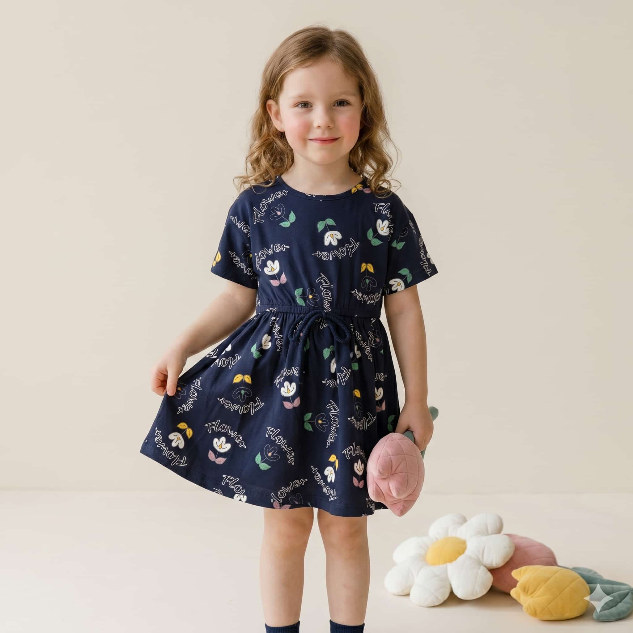 Midnight Meadow Girls Frock Set - Navy Blue