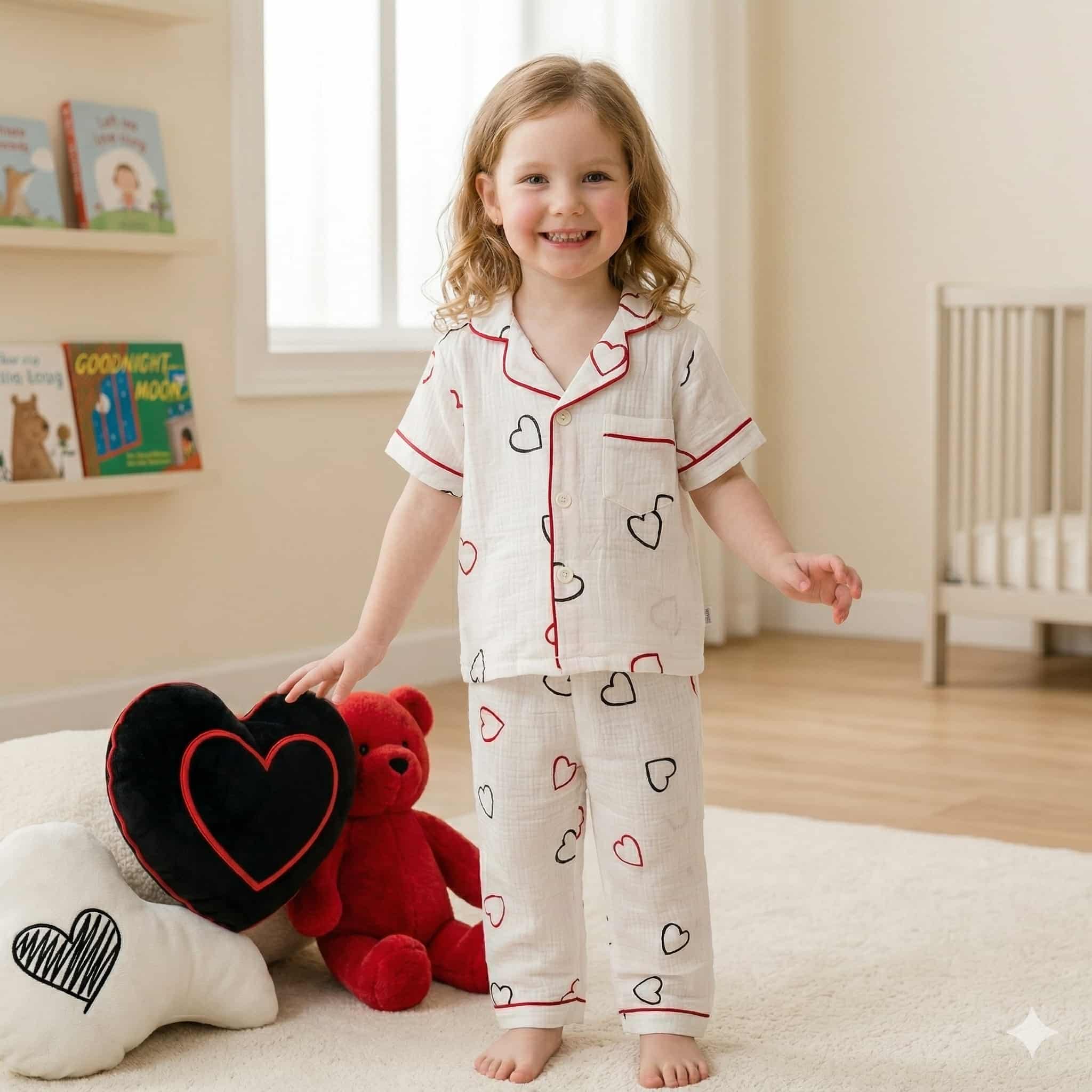 Cute Heart Girls Half Sleeves Pajama Set- White