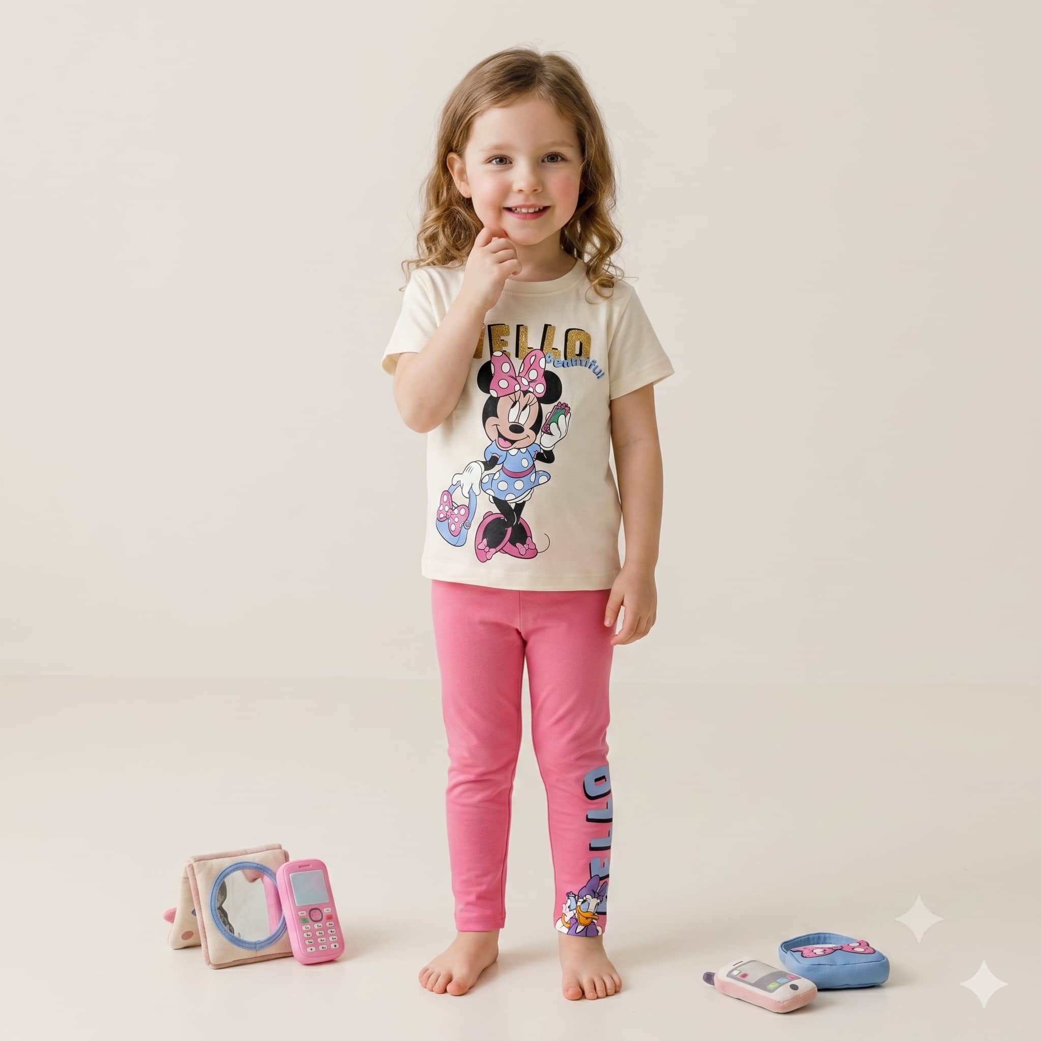 Hello Minnie Mouse Girls Half Sleeves Pajama Set - Cream