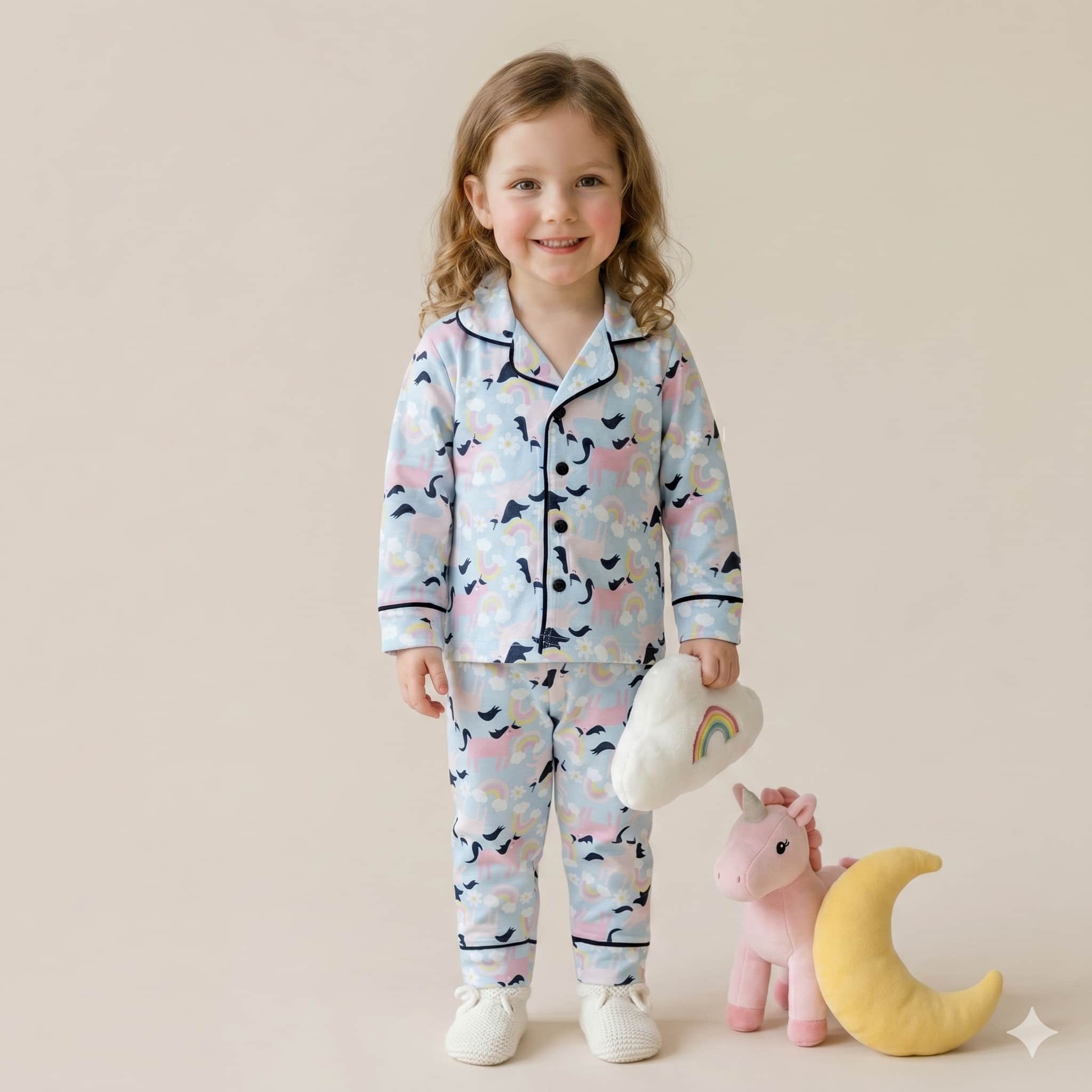 Unicorn Dreams Girls Full Sleeves Pajama Set - Blue
