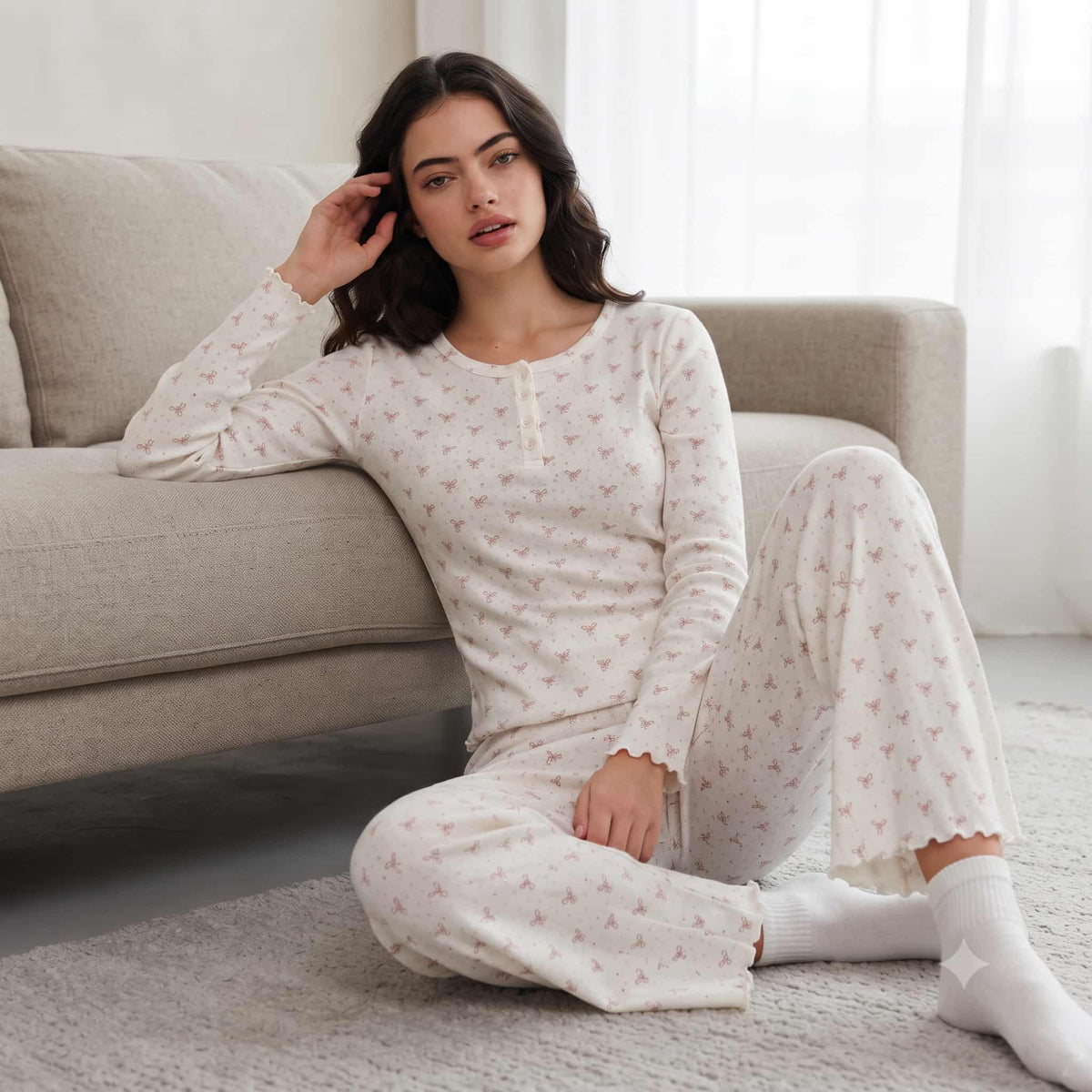 Bow Bliss Women Full Sleeves Pajama Set – Cream