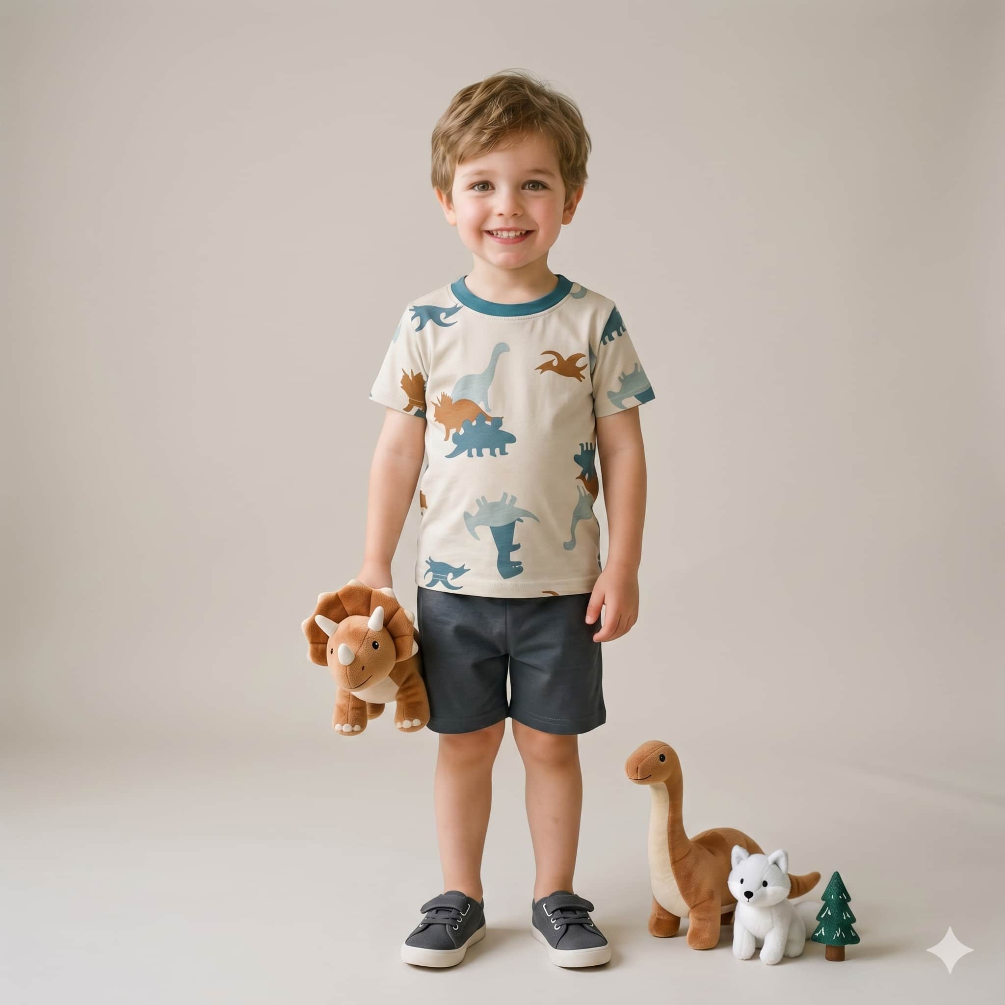 Dino Drift Boys Half Sleeves Short Set - Beige