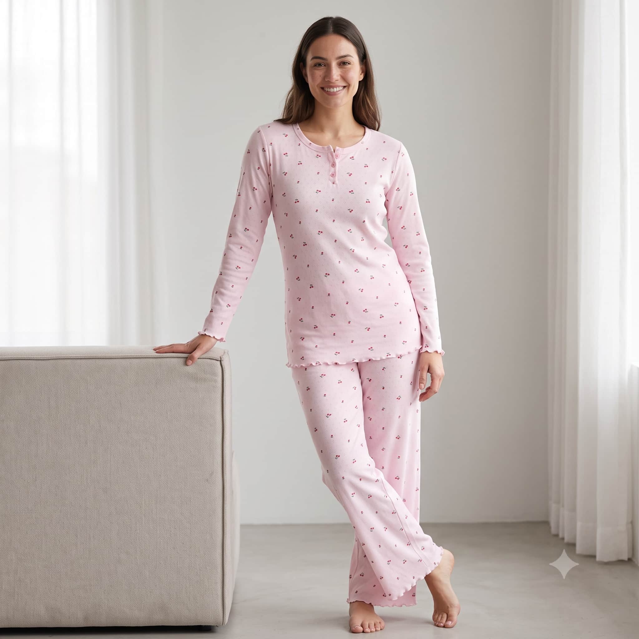 Cherry Blush Women Full Sleeves Pajama Set  - Pink