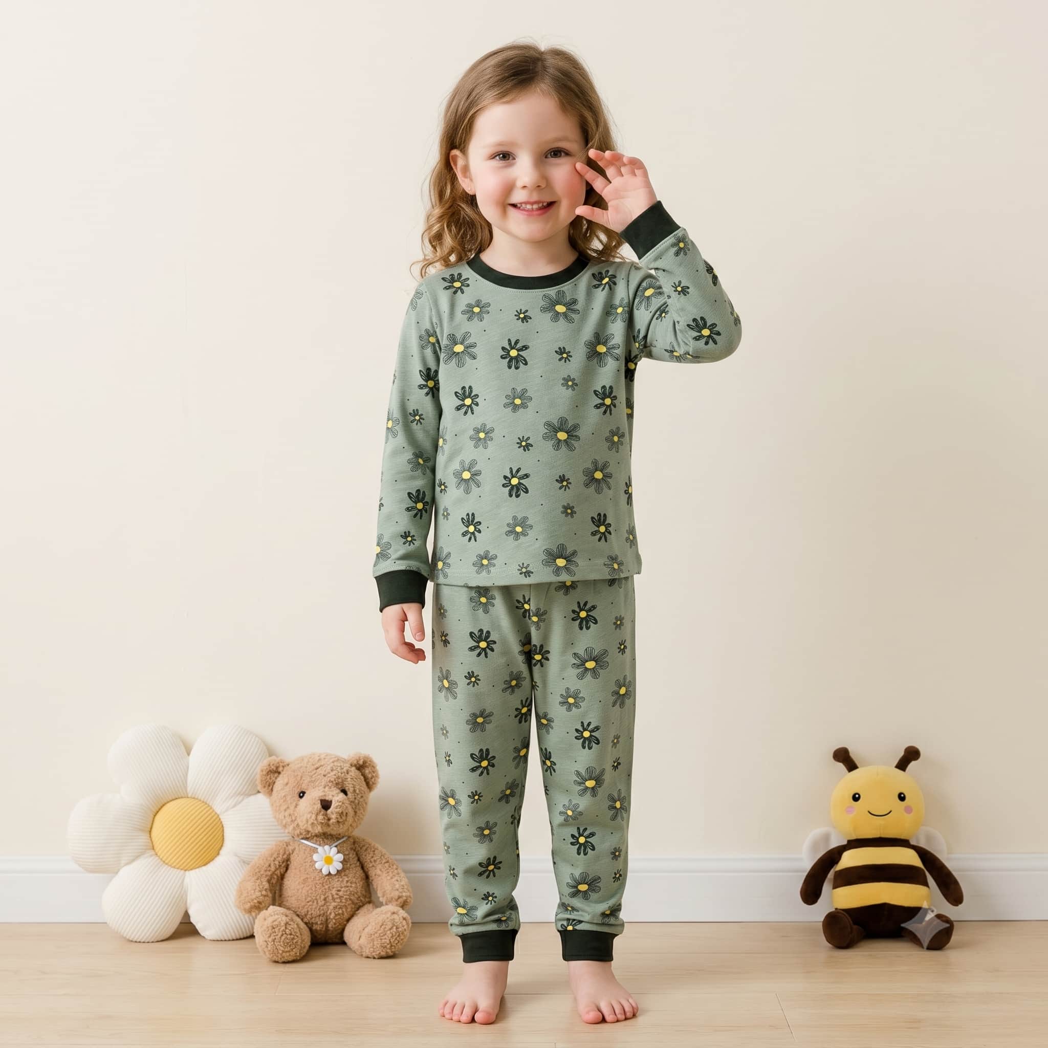 Daisy Dream Girls Full Sleeves Pajama Set - Green