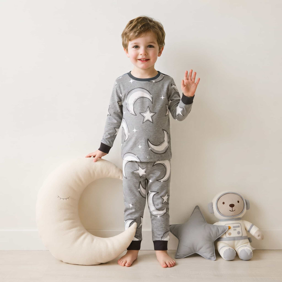 Half Moon Boys Full Sleeves Pajama Set - Grey
