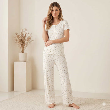 Tropical Comfort Women Half Sleeves Pajama Set - White