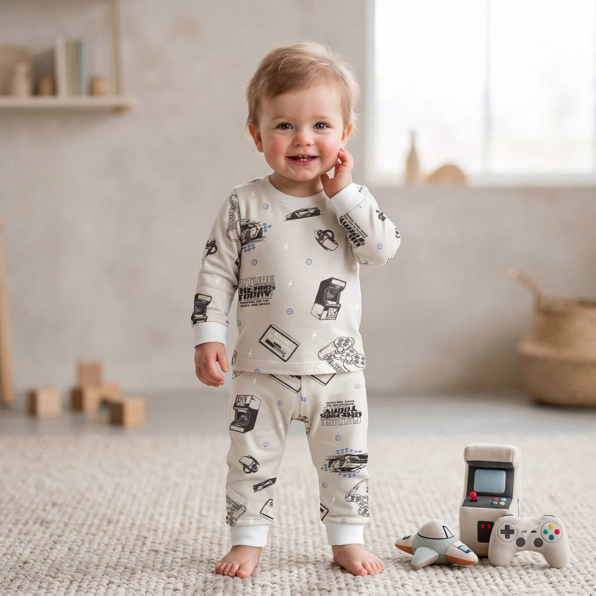 Tech Racer Baby Boys Full Sleeves Pajama Set – Cream