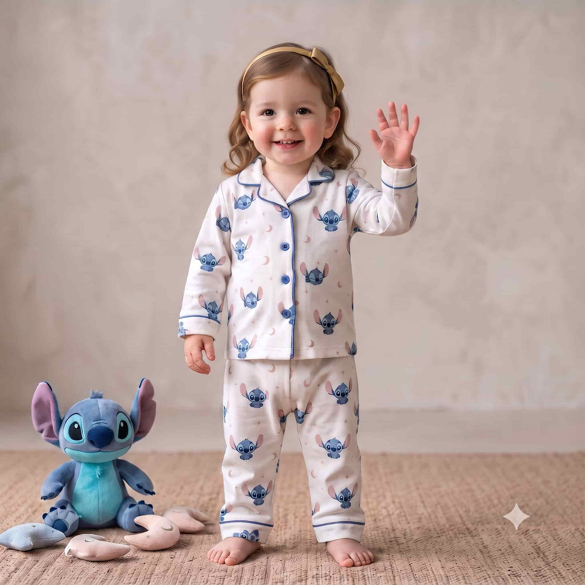 Stitch Baby Girls Full Sleeves Pajama Set - Cream