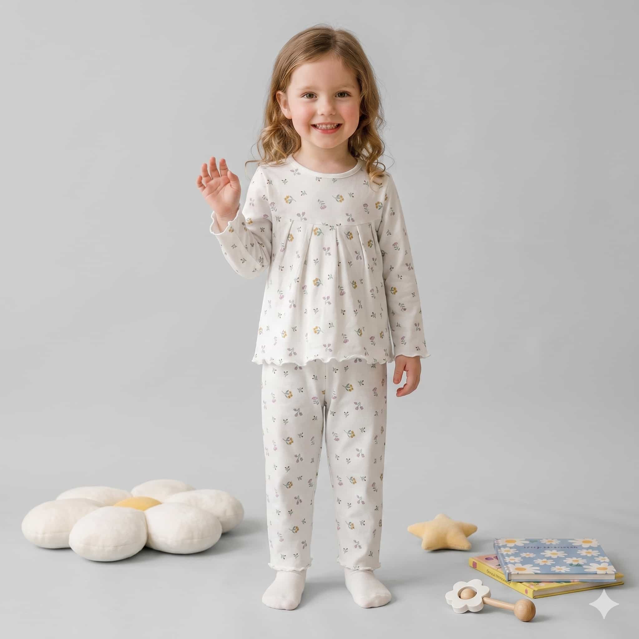 Vintage Blooms Girls Full Sleeves Pajama Set - Cream