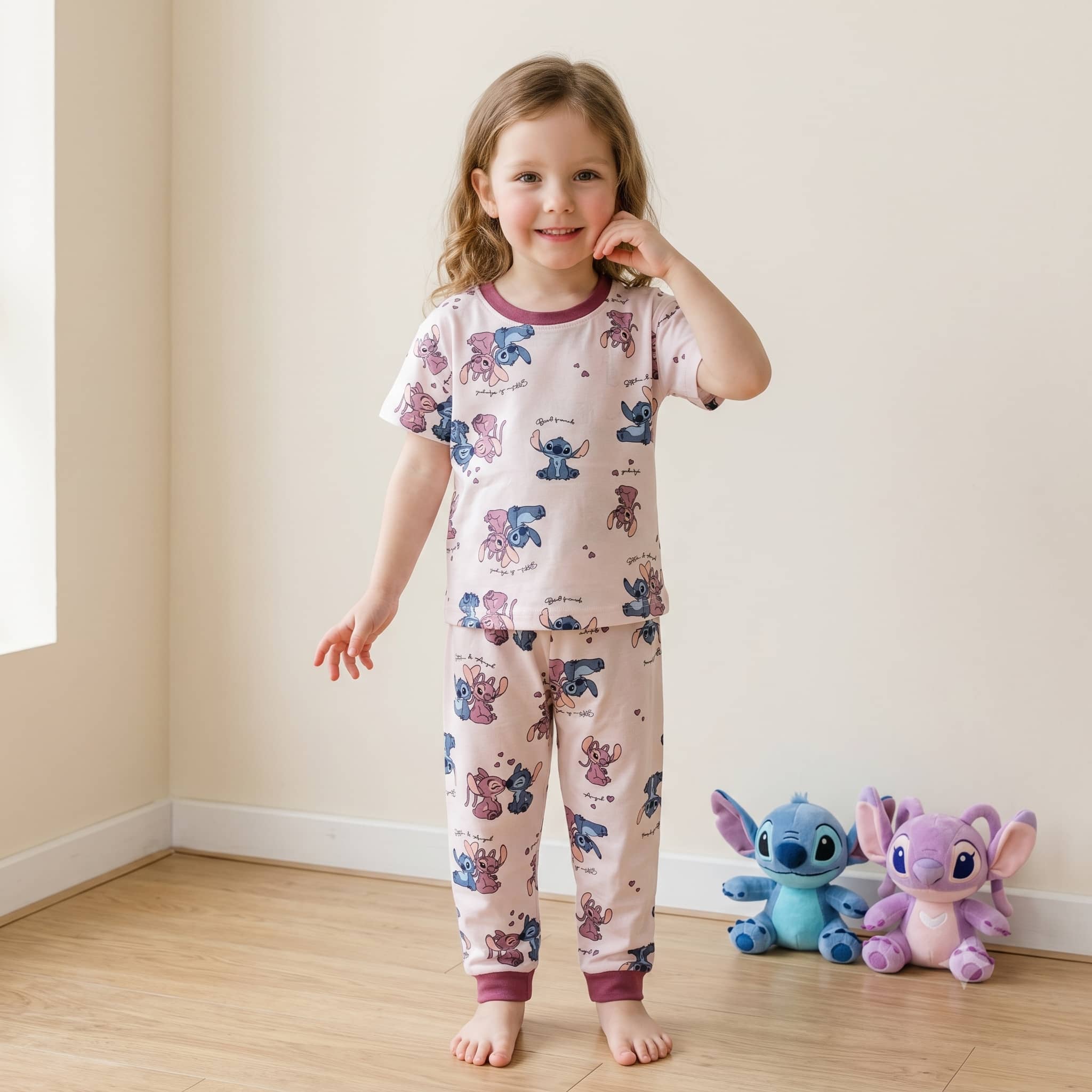 Stitch Girls Half Sleeves Pajama Set – Light Pink