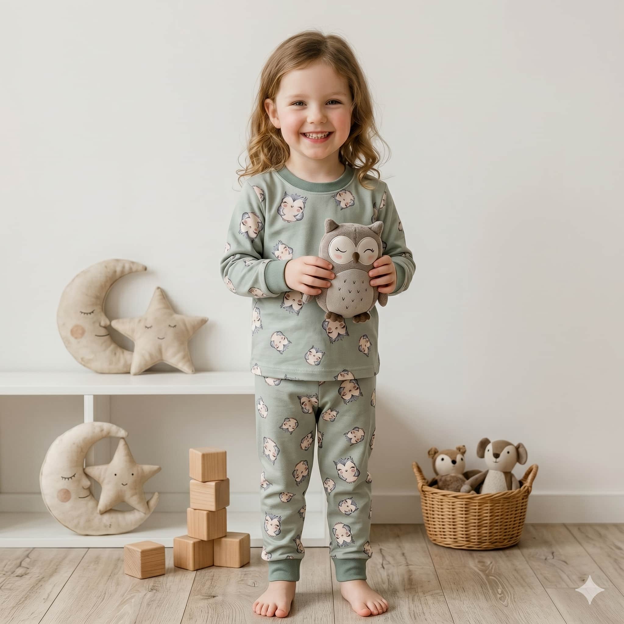 Owl Snuggles Girls Full Sleeves Pajama Set - Sage Green