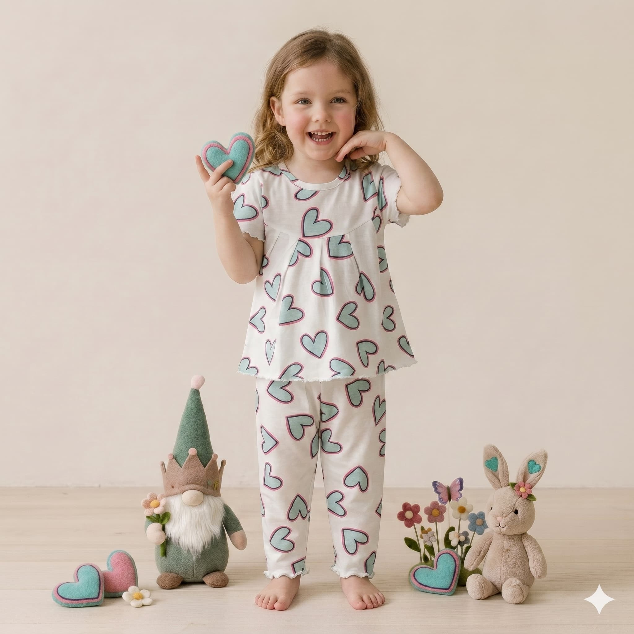 Mint Hearts Girls Half Sleeves Pajama Set – White
